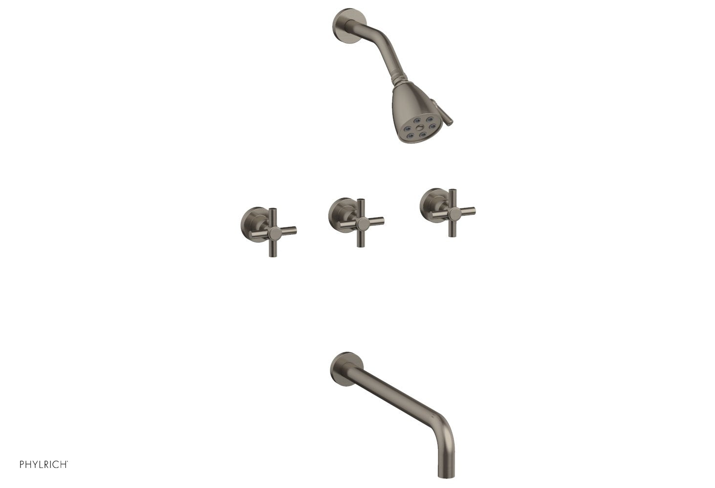 Phylrich BASIC Three Handle Tub and Shower Set 14" Spout - Tubular Cross Handles