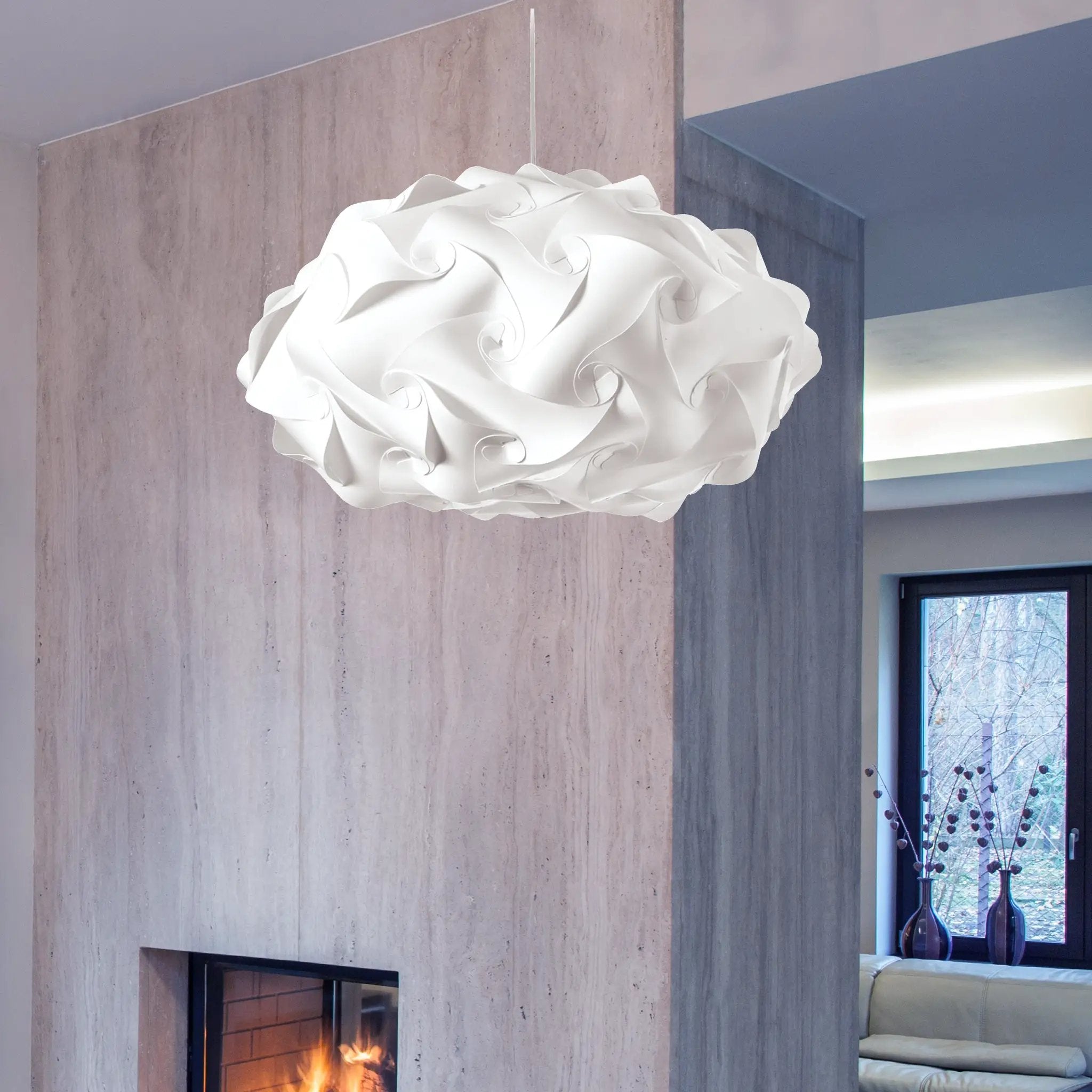 polished chrome and white fabric pendants