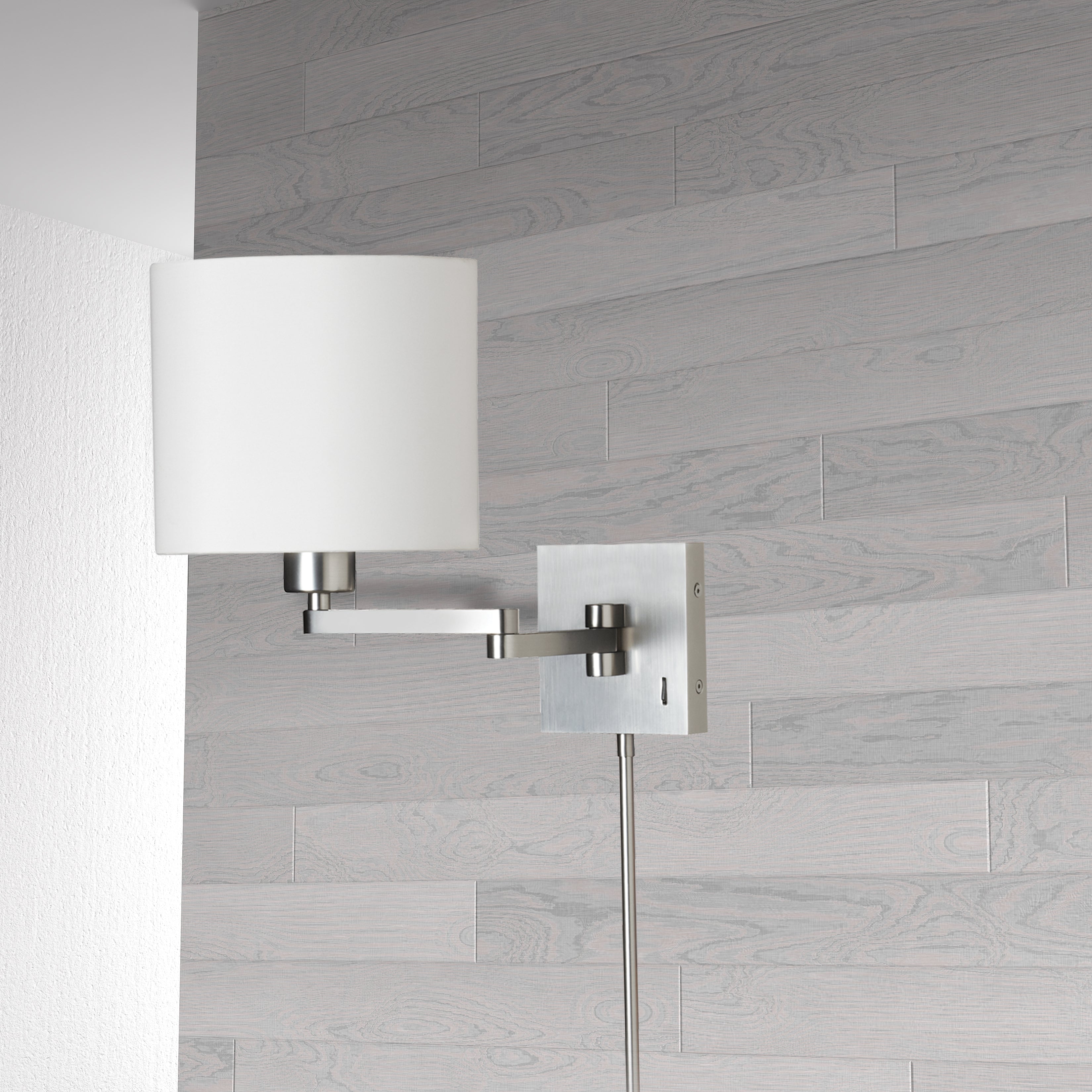 satin chrome with white drum shade wall mount