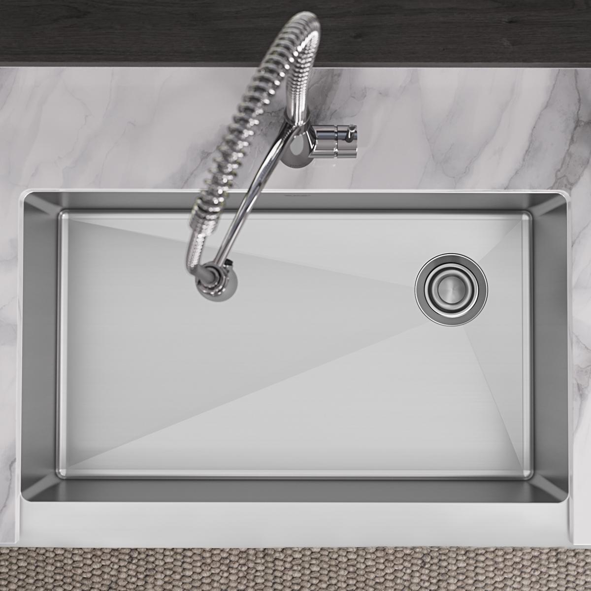 polished satin single bowl farmhouse sink