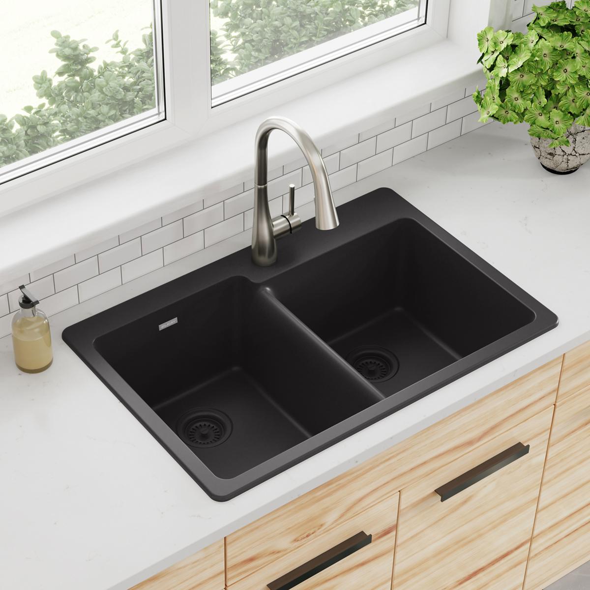black offset double bowl drop-in sink