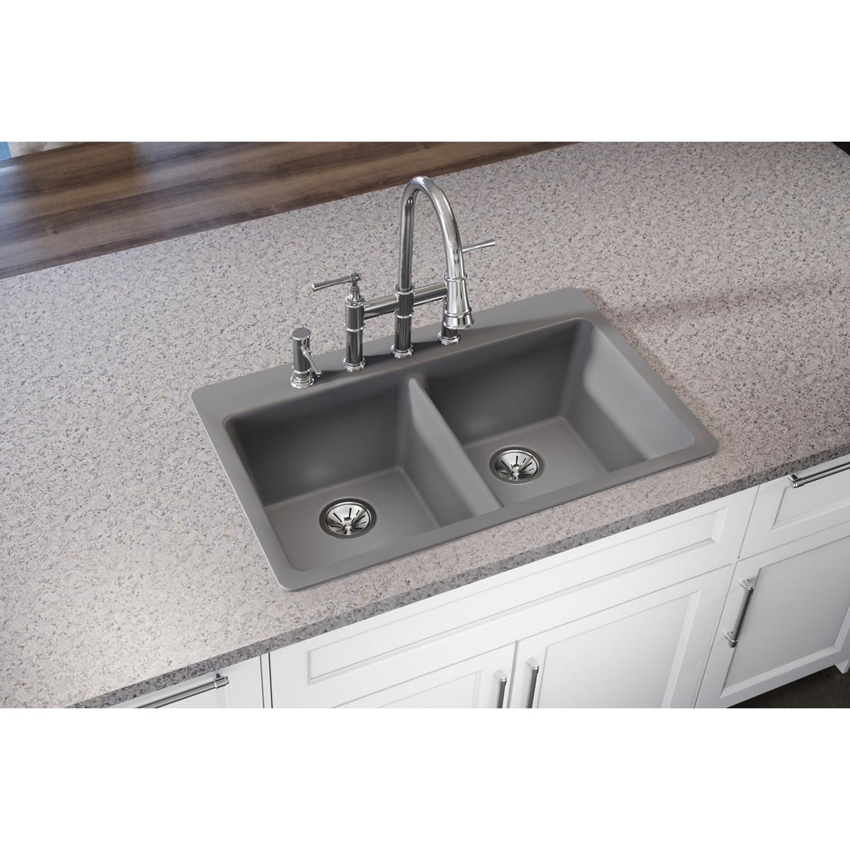 black equal double bowl drop-in sink