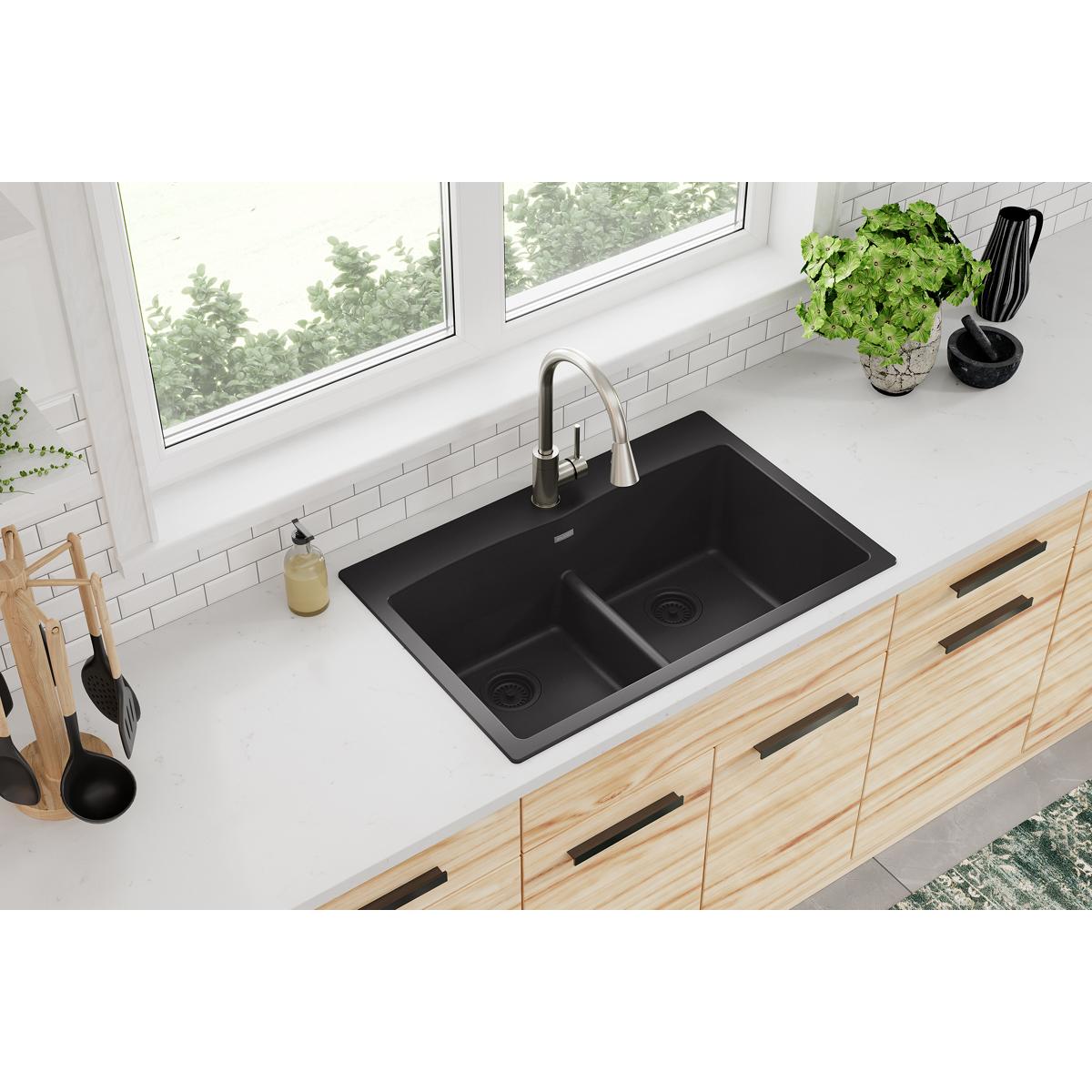 black equal double bowl drop-in sink