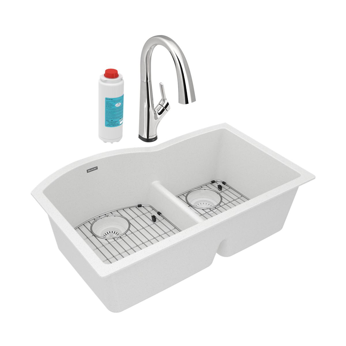 Elkay Quartz Classic 33" x 22" x 10" Offset 60/40 Double Bowl Undermount Sink Kit with Filtered Faucet with Aqua Divide