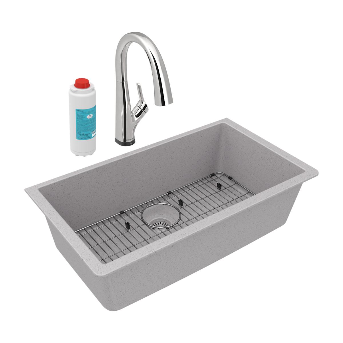 Elkay Quartz Classic 33" x 18-7/16" x 9-7/16" Single Bowl Undermount Sink Kit with Filtered Faucet