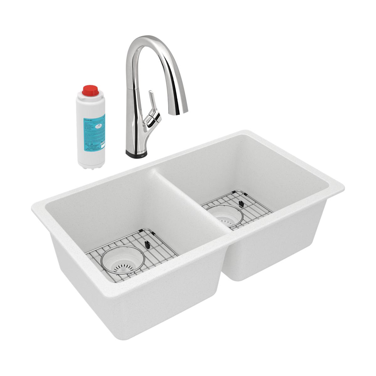 Elkay Quartz Classic 33" x 18-1/2" x 9-1/2" Equal Double Bowl Undermount Sink Kit with Filtered Faucet