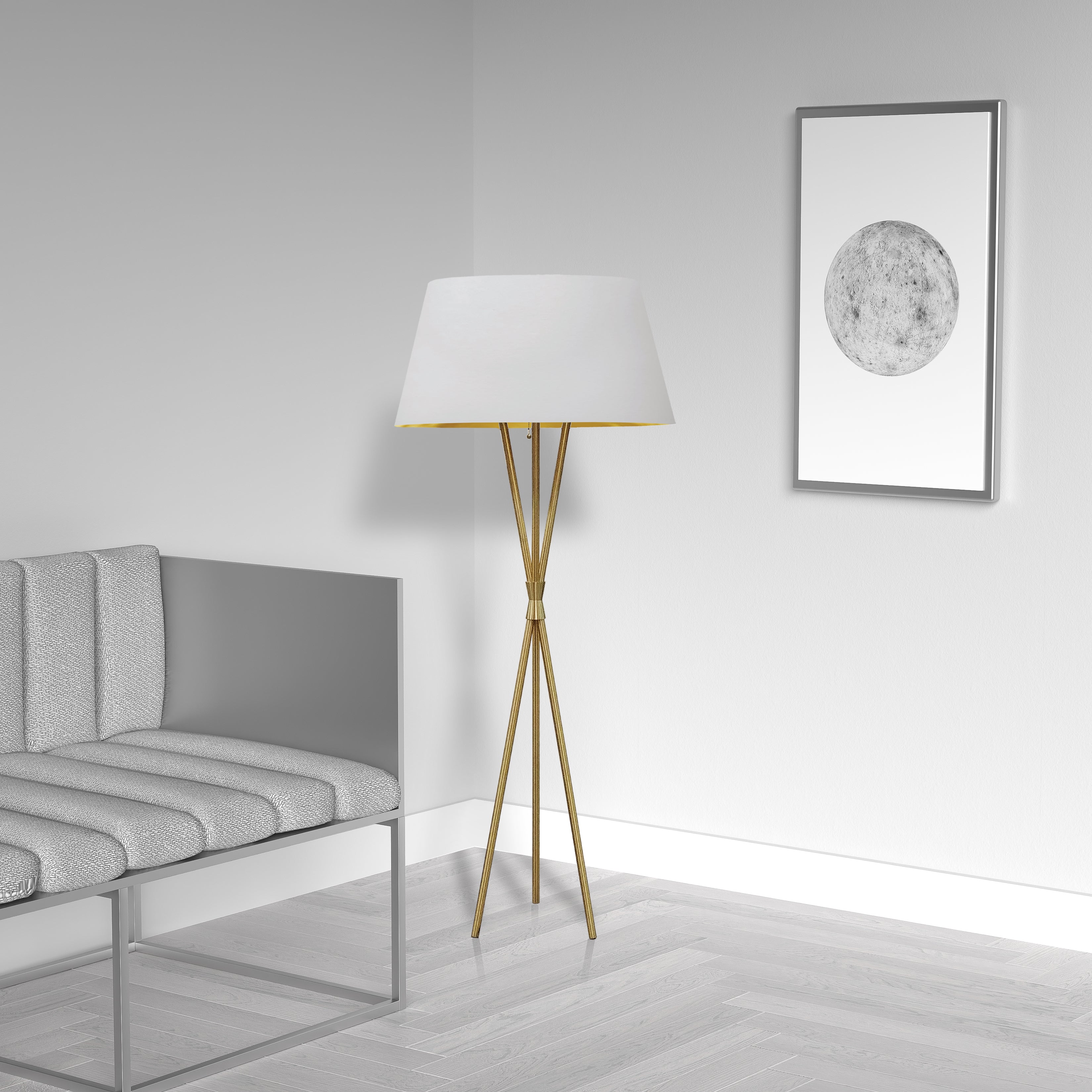 aged brass with white and gold shade floor lamp