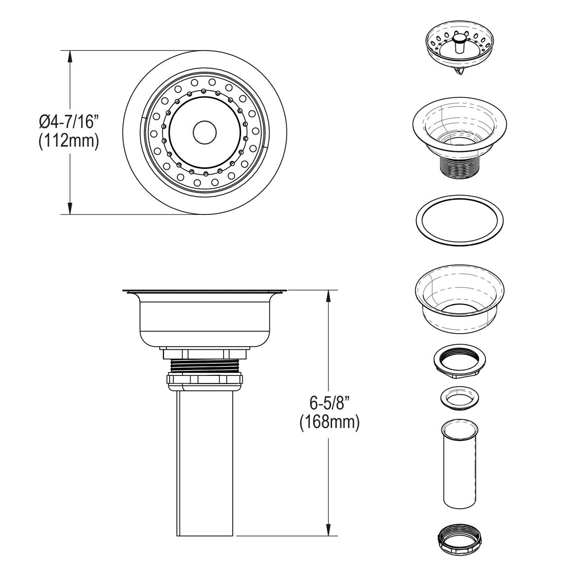 matte drain fitting body with strainer basket
