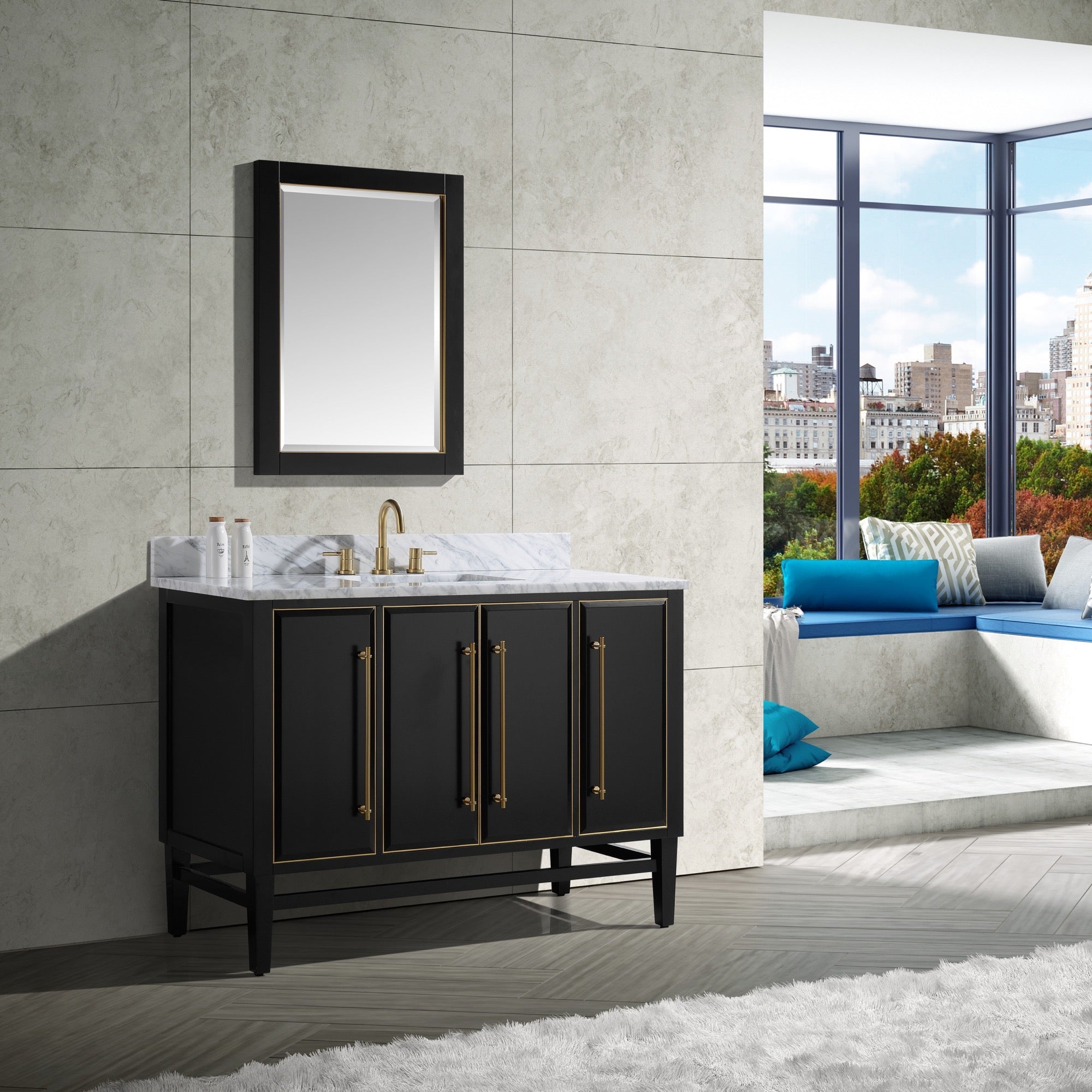 black/gold trim vanity base