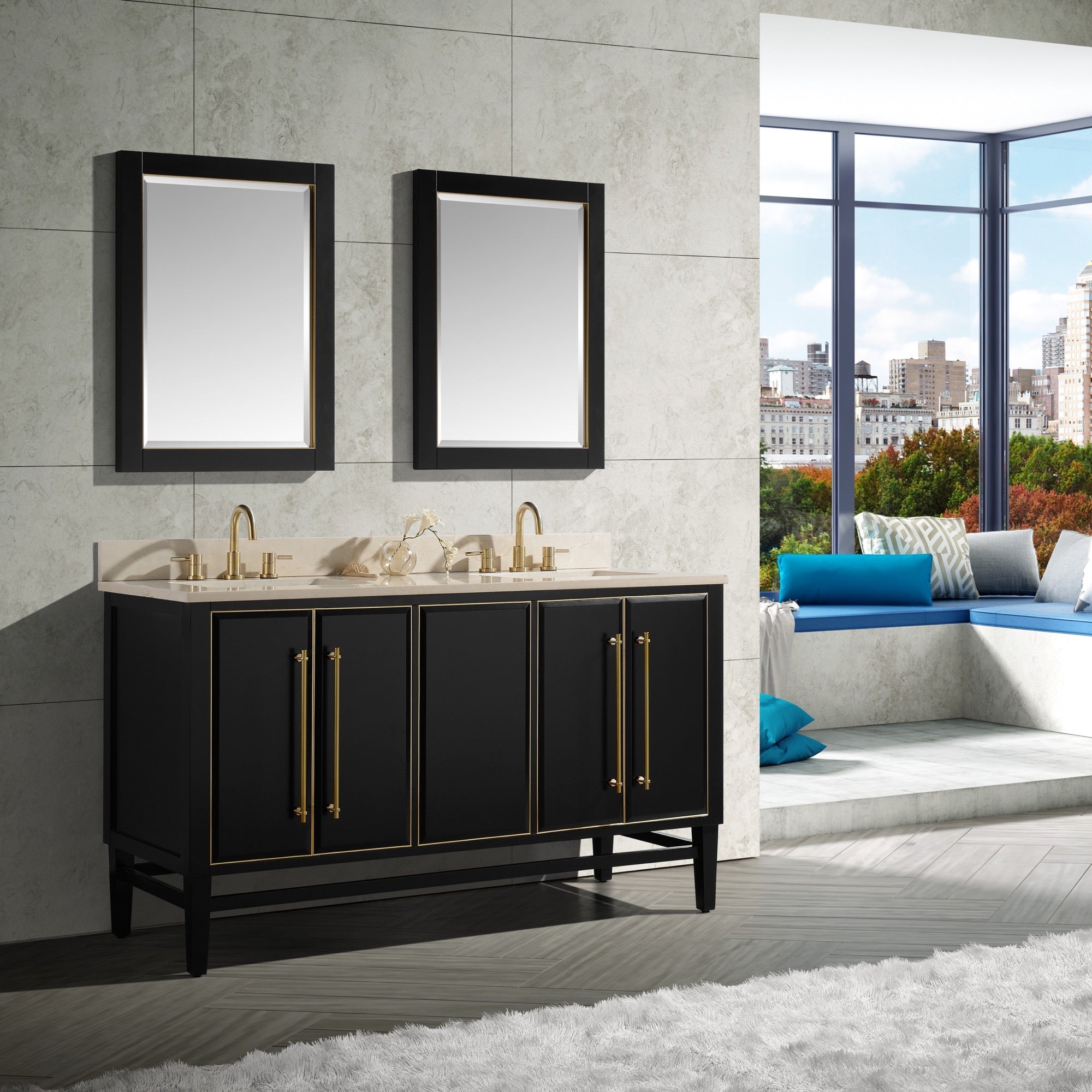 black/gold trim vanity set