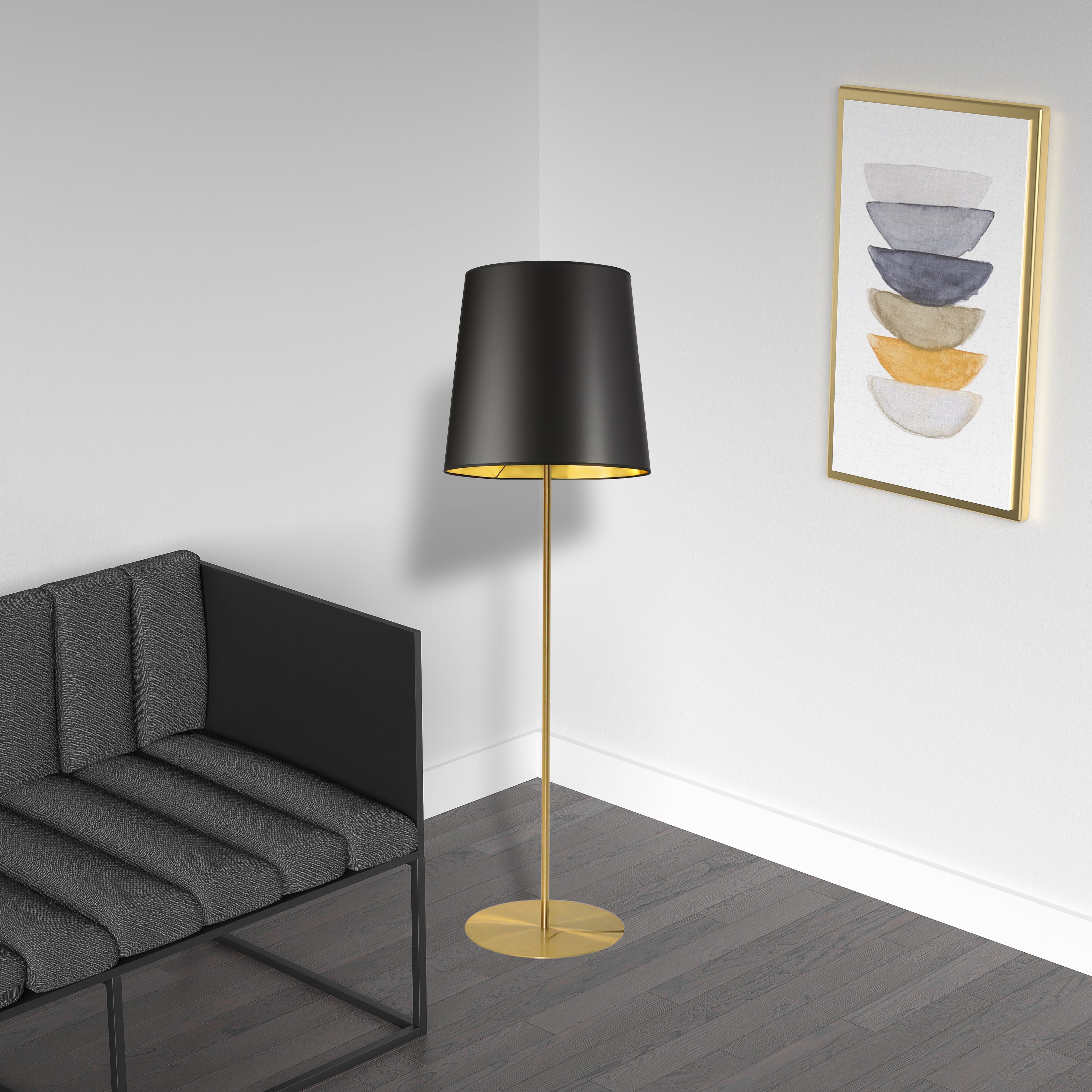 aged brass with black and gold drum shade floor lamp