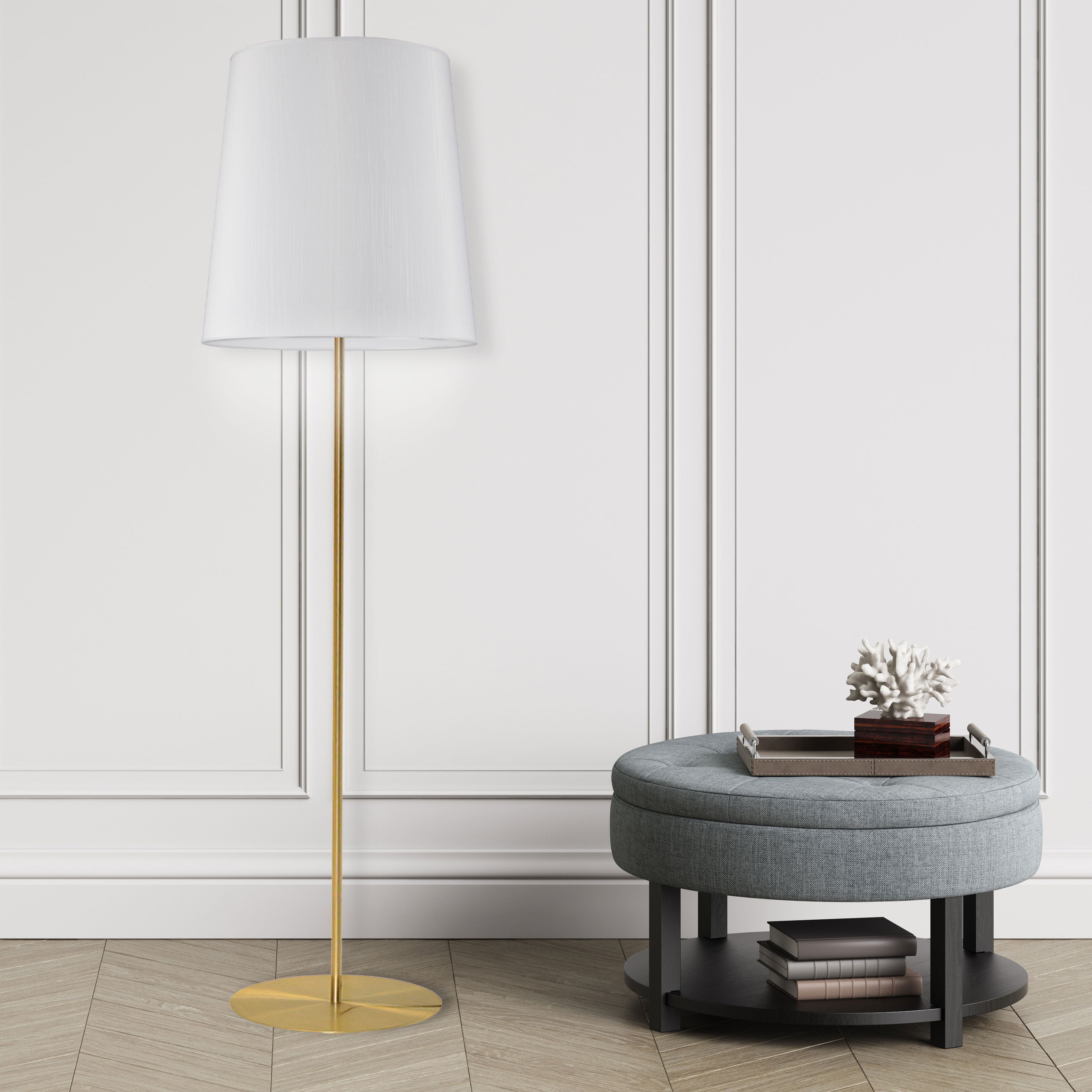 aged brass with white drum shade floor lamp