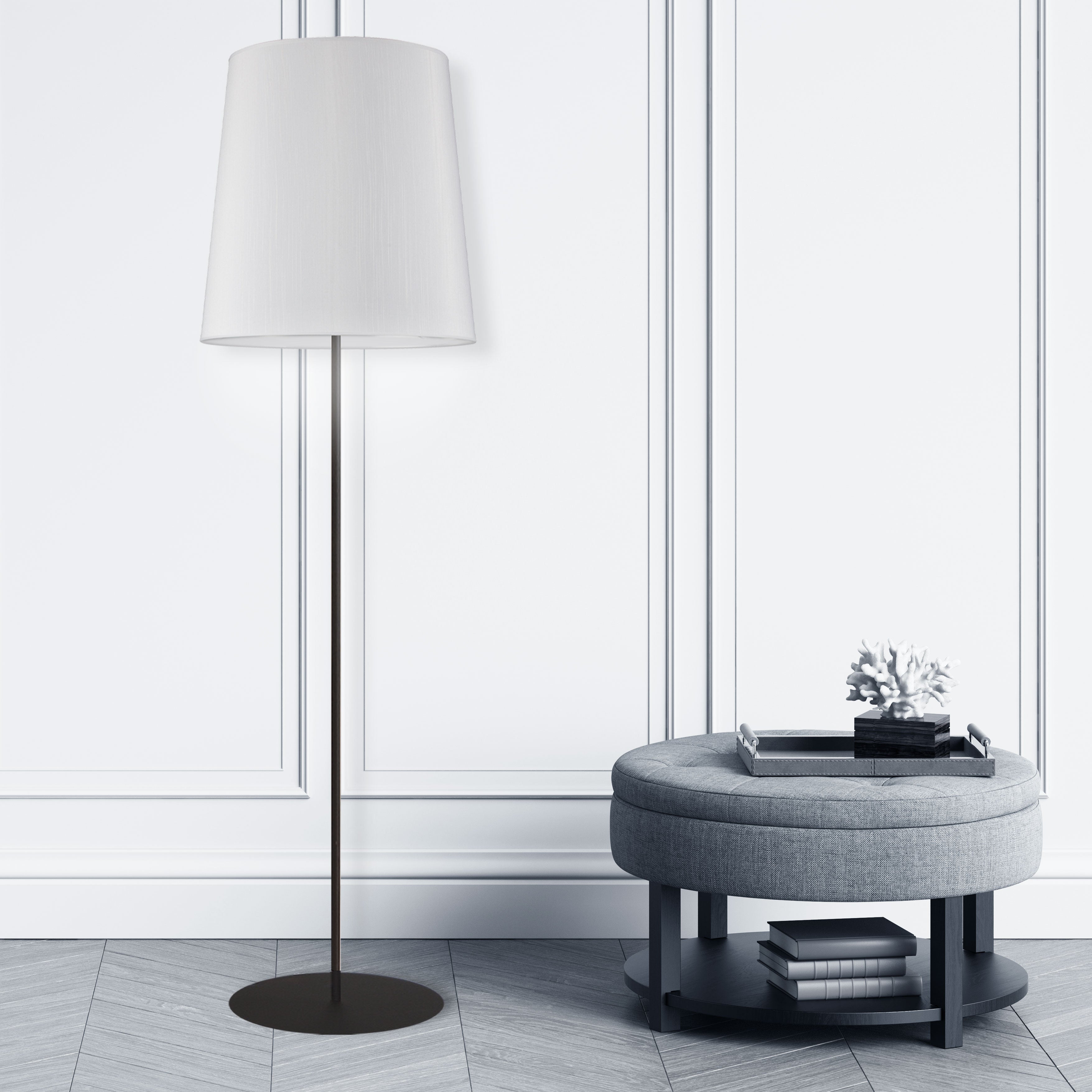 black with white drum shade floor lamp