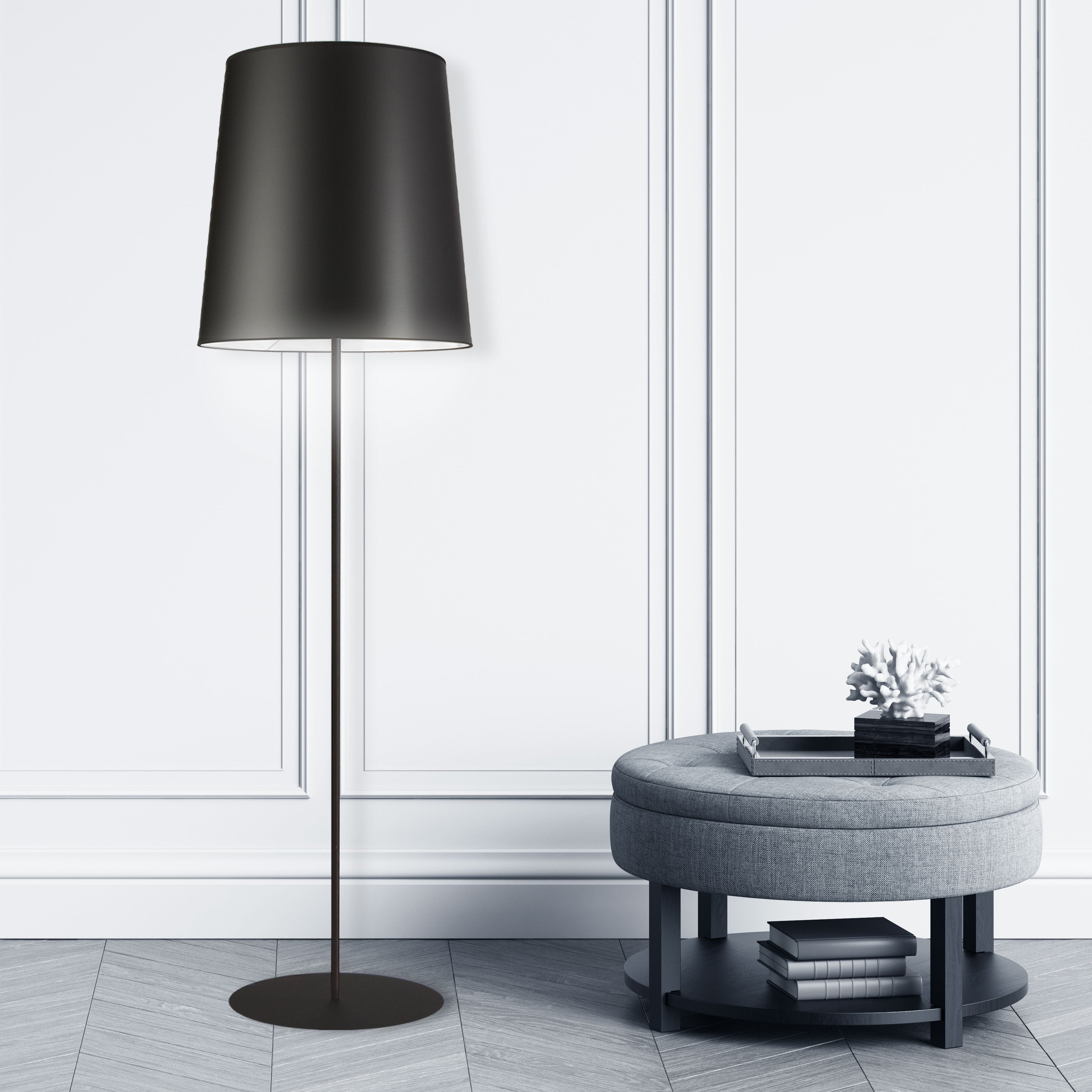 black with black drum shade floor lamp