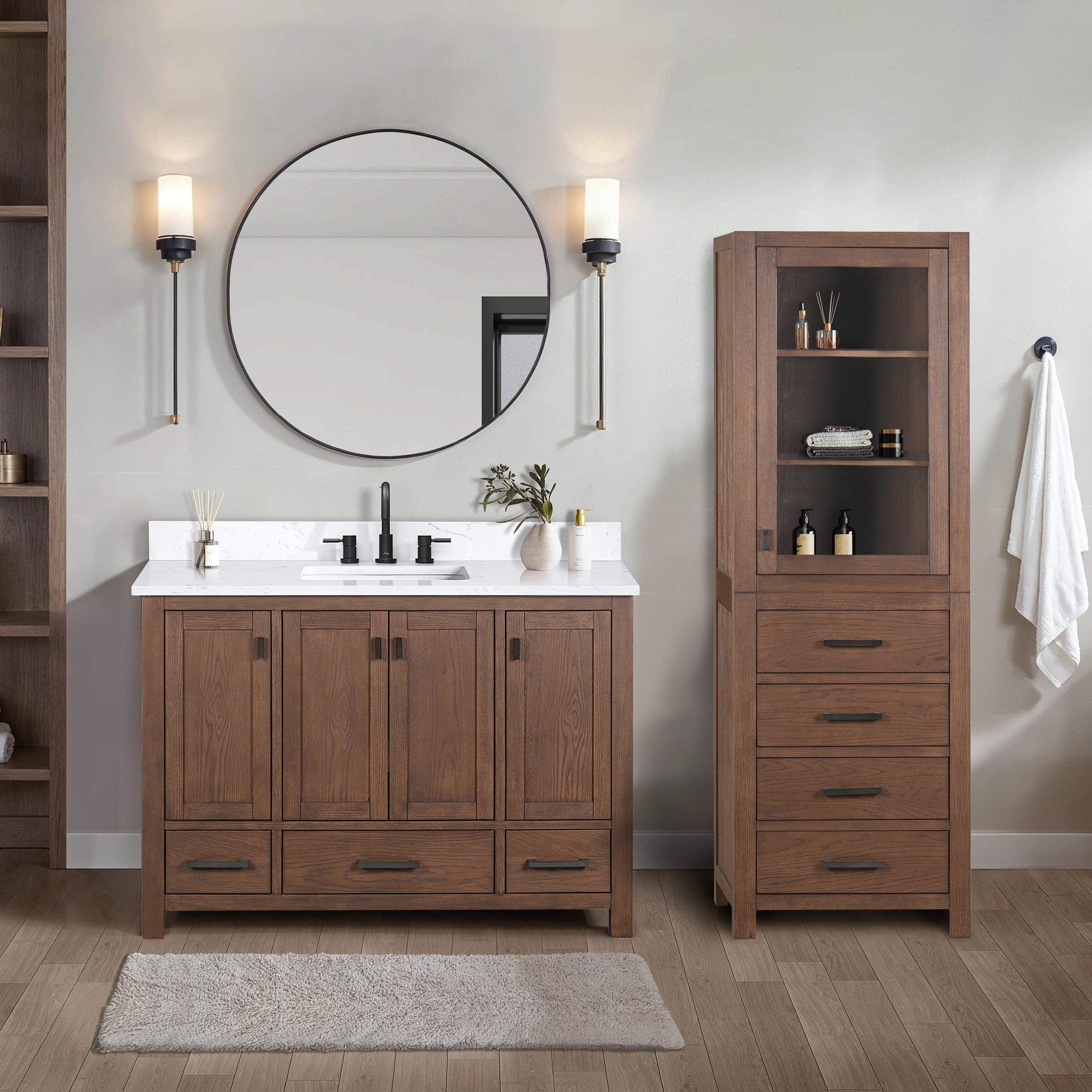 mocha oak linen cabinet