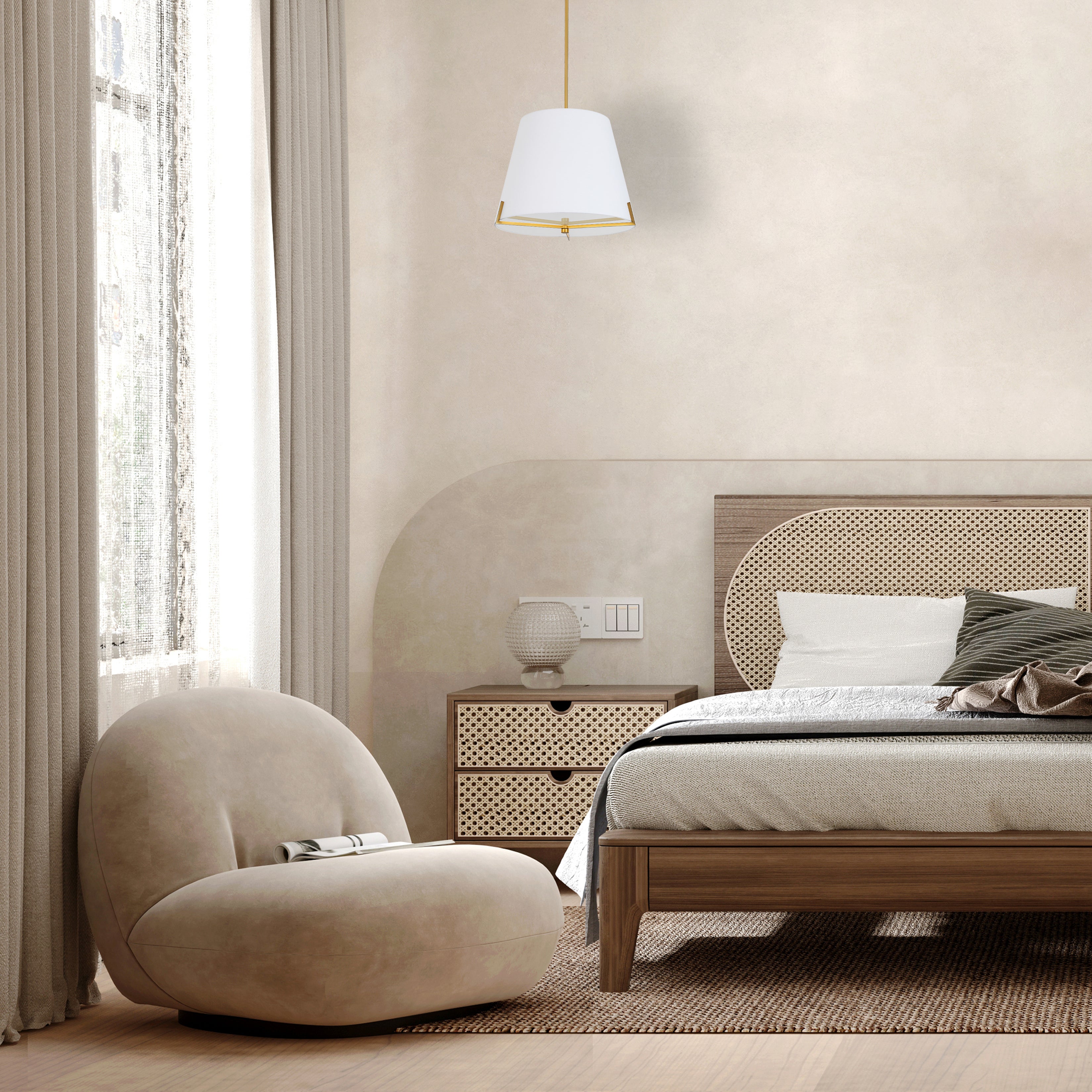 aged brass with white fabric shade pendants