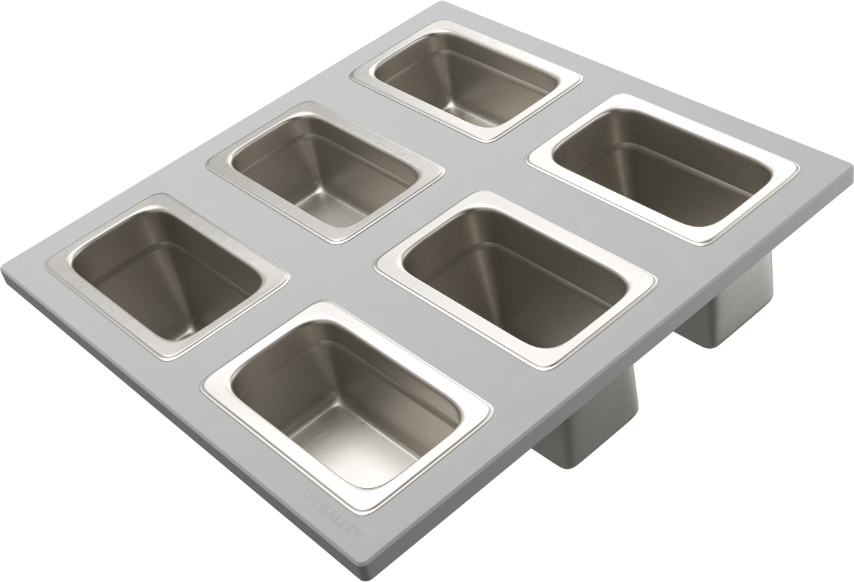 The Galley Dual Tier Condiment Serving Board 17" x 18" with Six Stainless Steel Containers and Lids