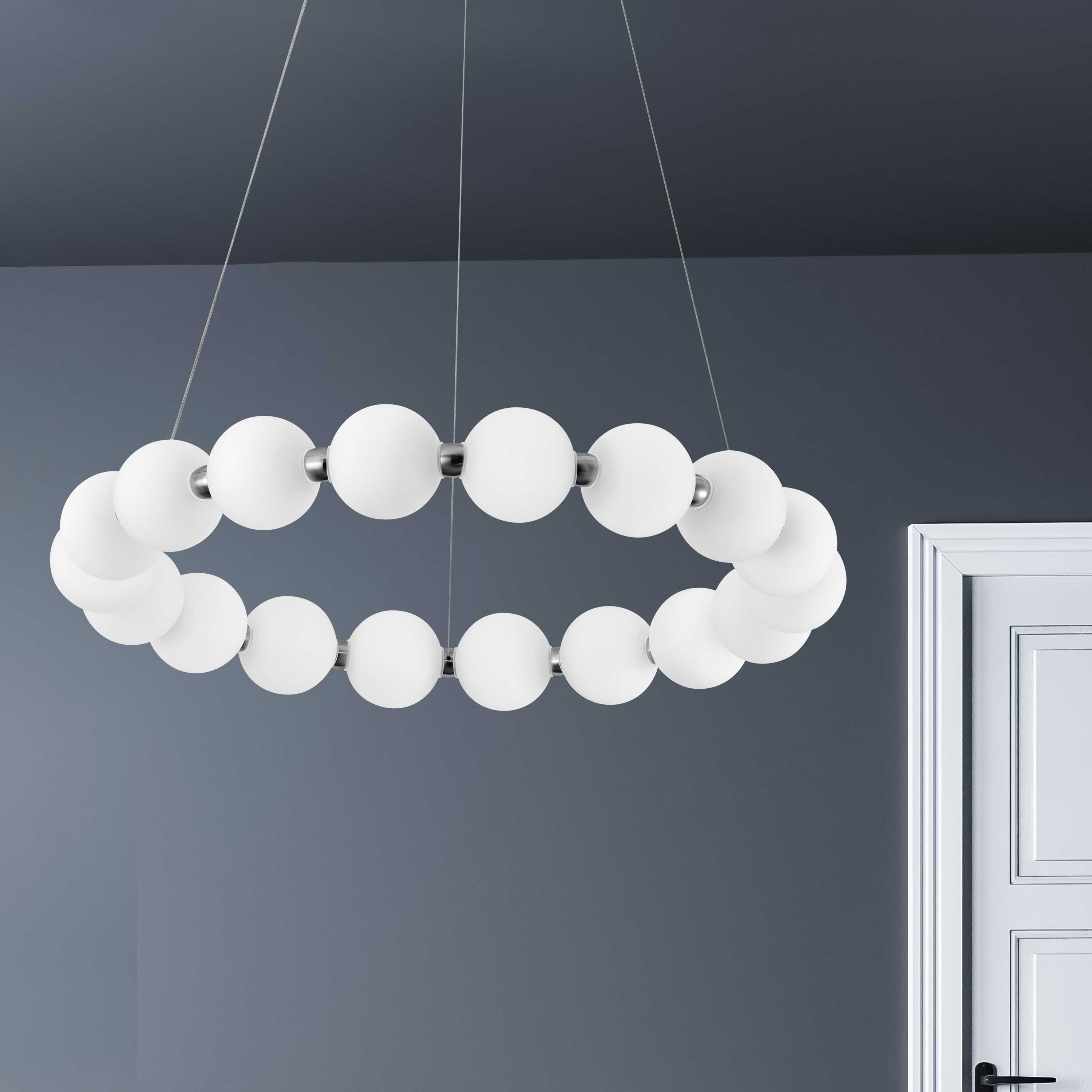 polished chrome chandelier with white acrylic pendants