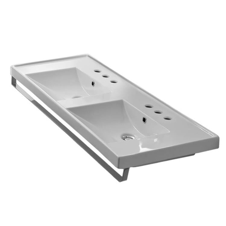 Nameeks Scarabeo 48" Ceramic Double Basin Bathroom Sink for Wall Mounted or Drop In Installation - Includes Overflow