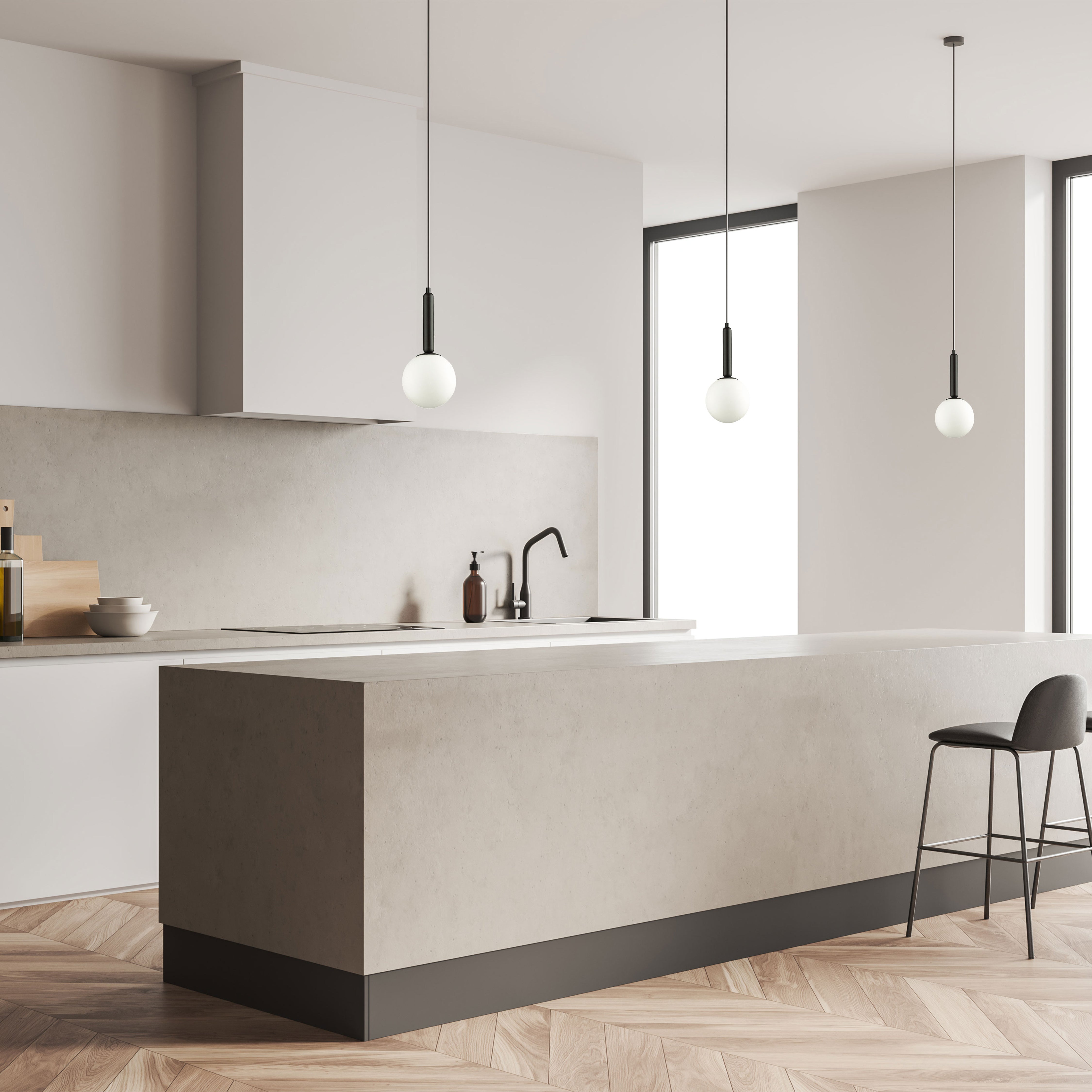 matte black with white glass pendants