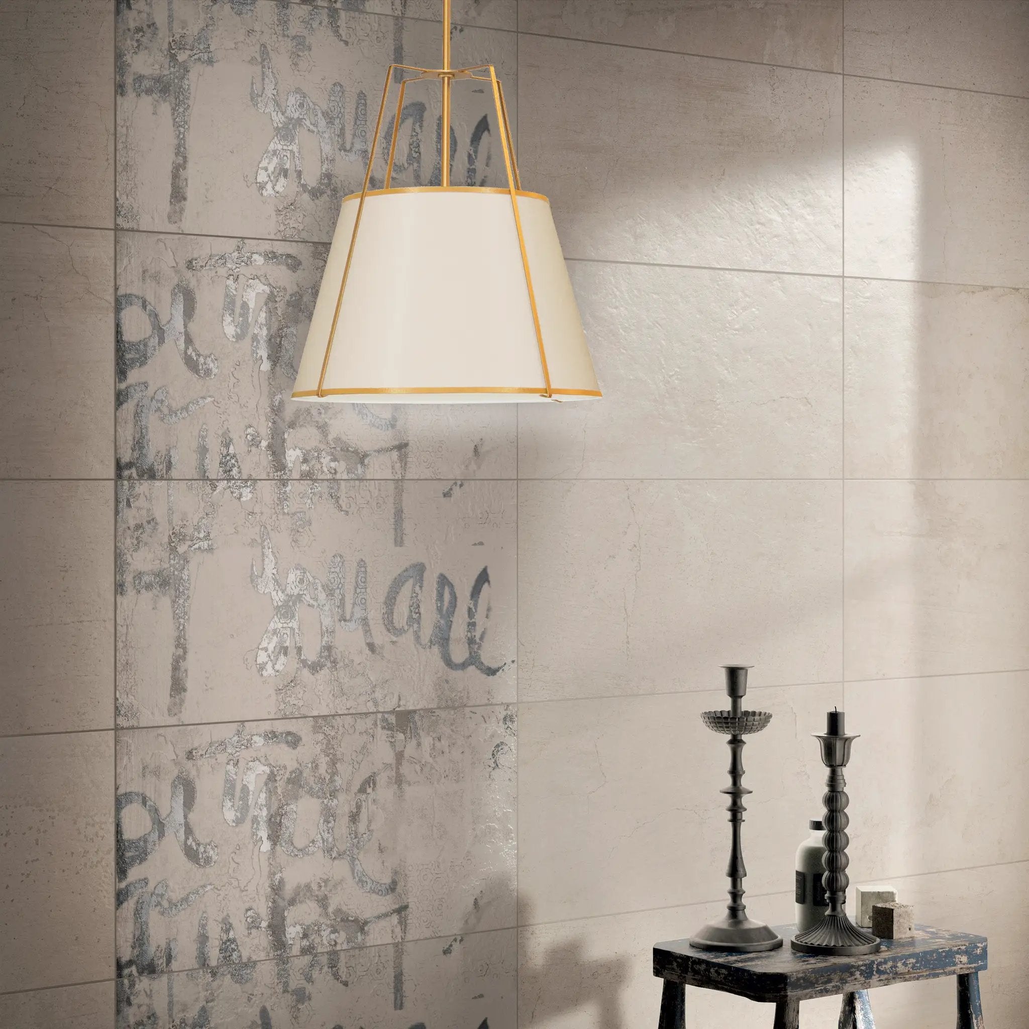 gold and cream shade with white fabric diffuser pendants