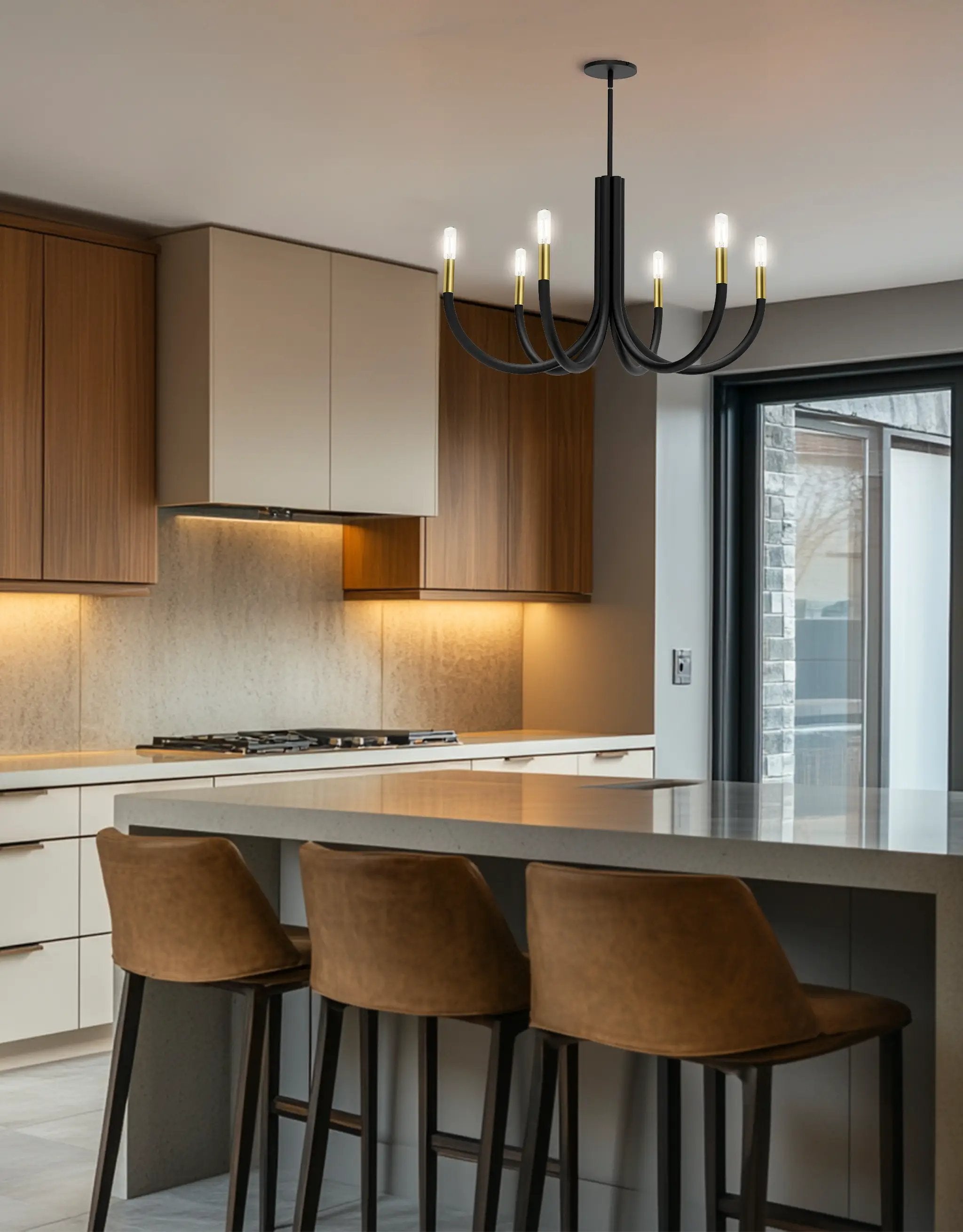 matte black and aged brass chandeliers