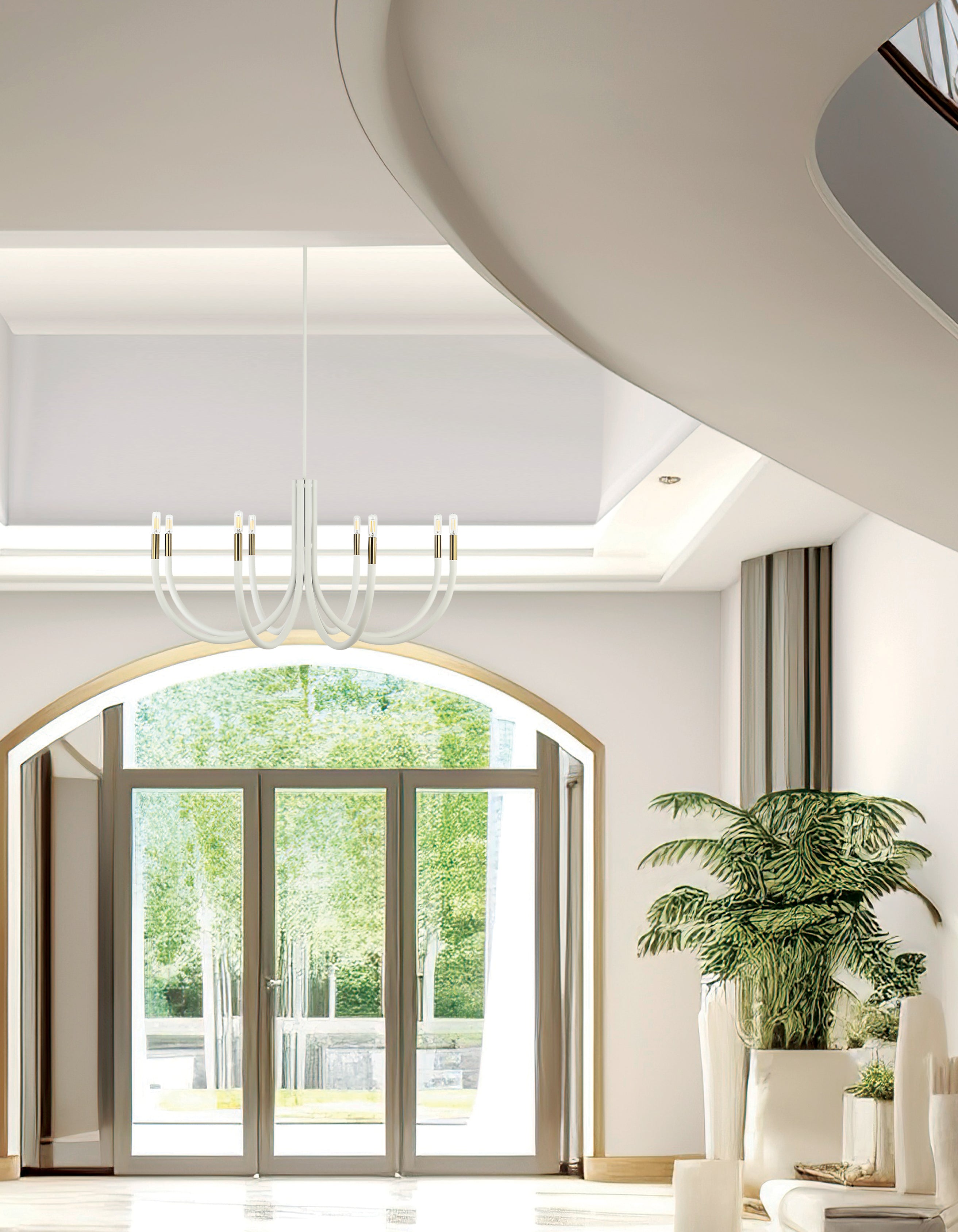 sand white and aged brass chandeliers