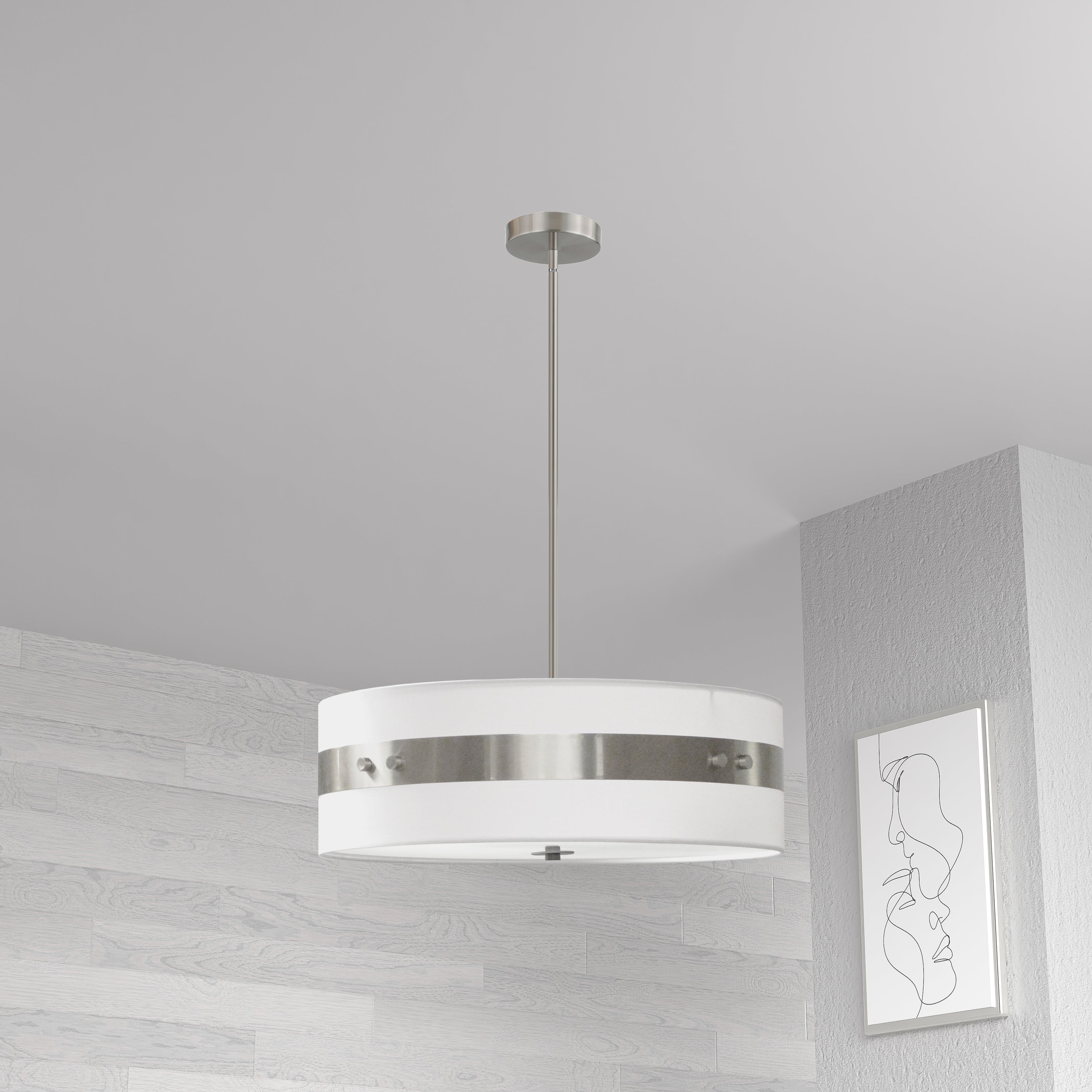 satin chrome with white shade pendants