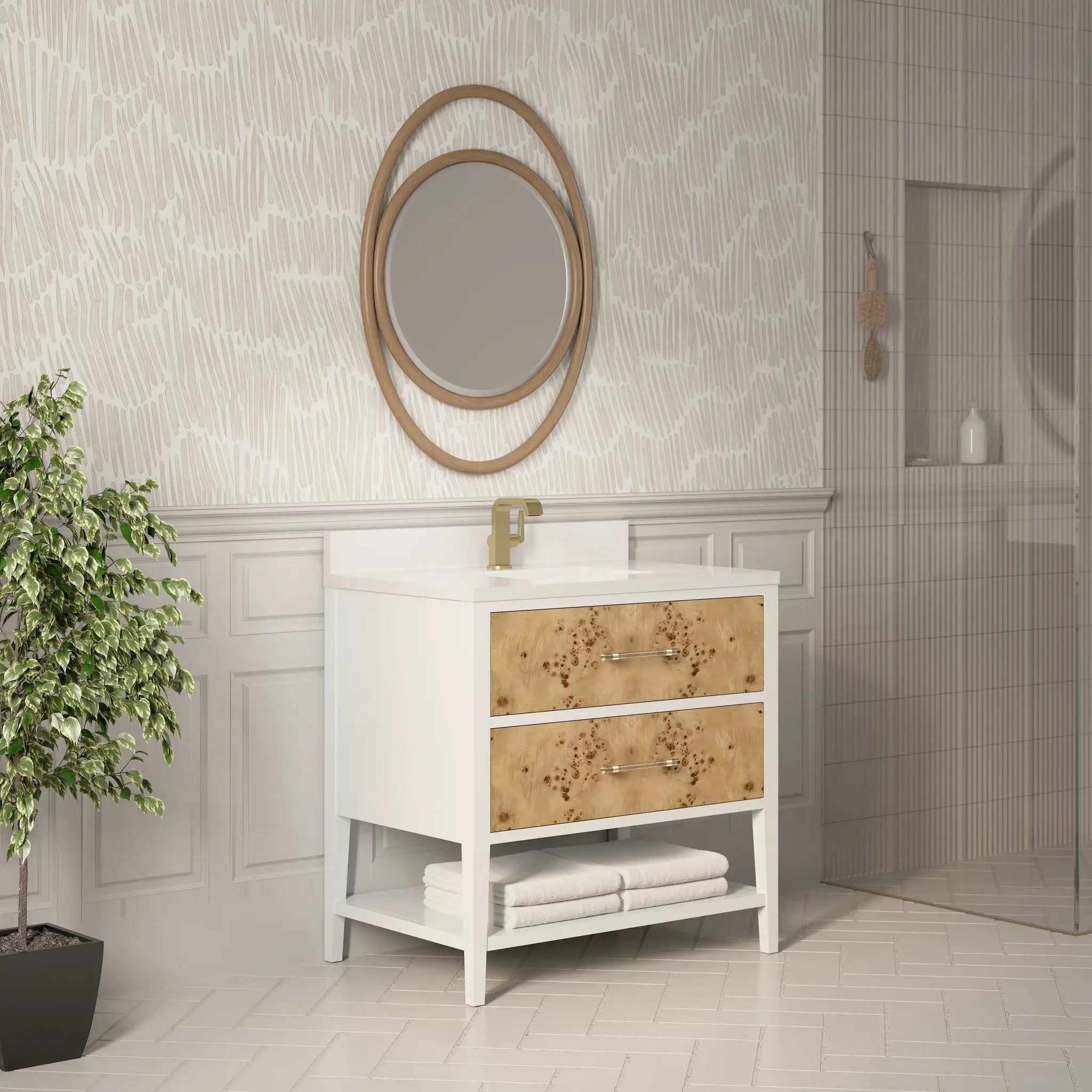 polished white and light mappa burl vanity