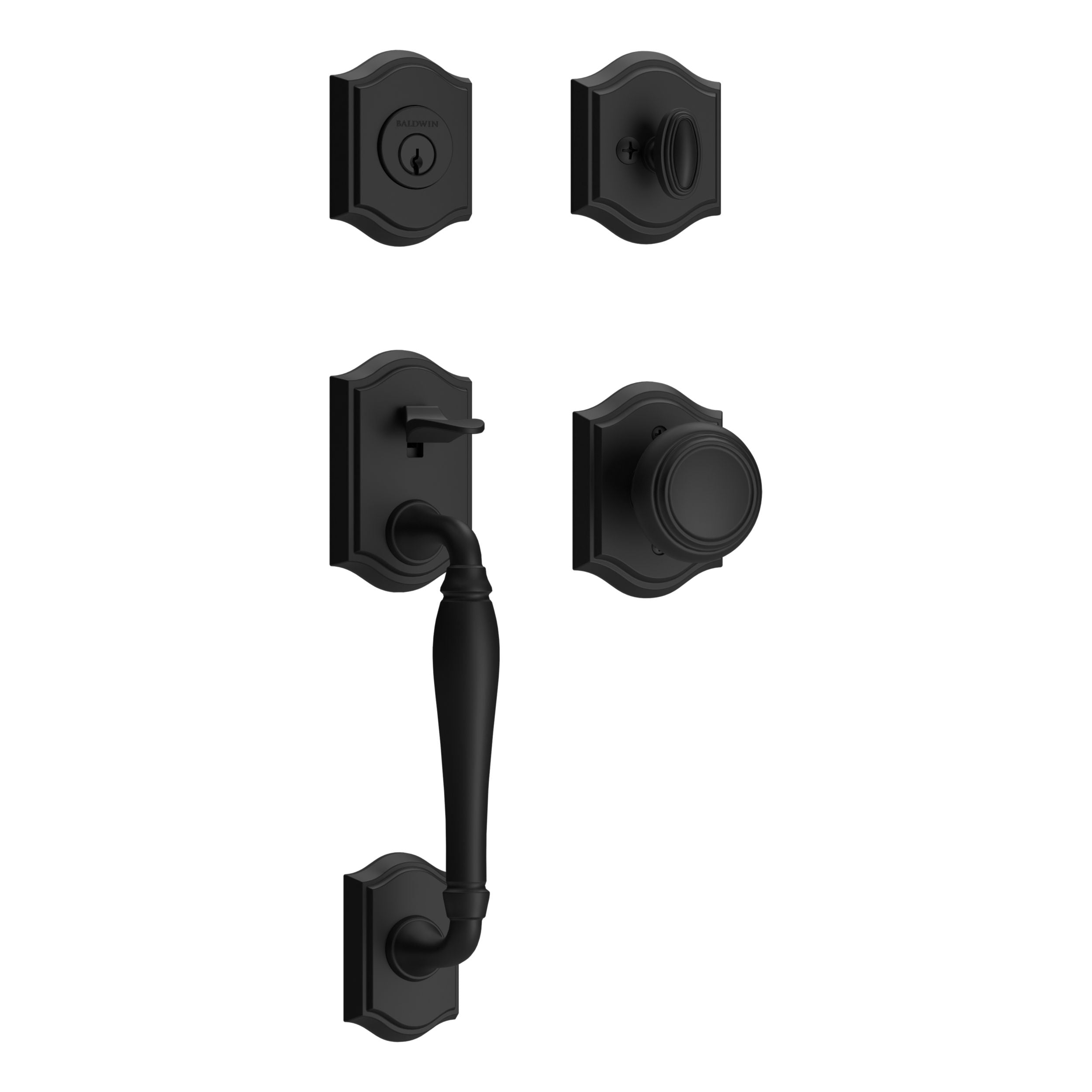 Baldwin Reserve Westcliff Handleset x Traditional Knob with Arch Interior