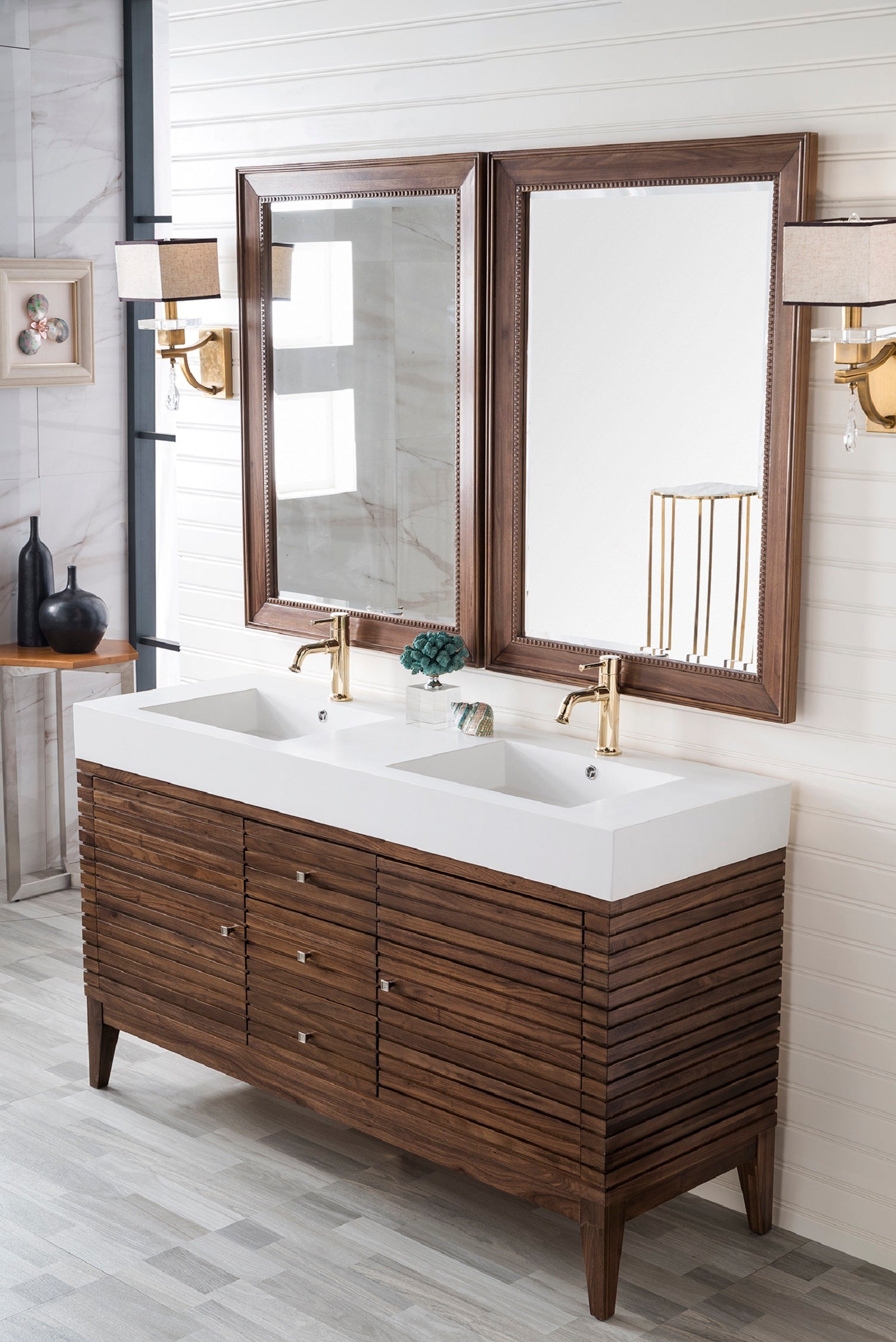 glossy white double vanity