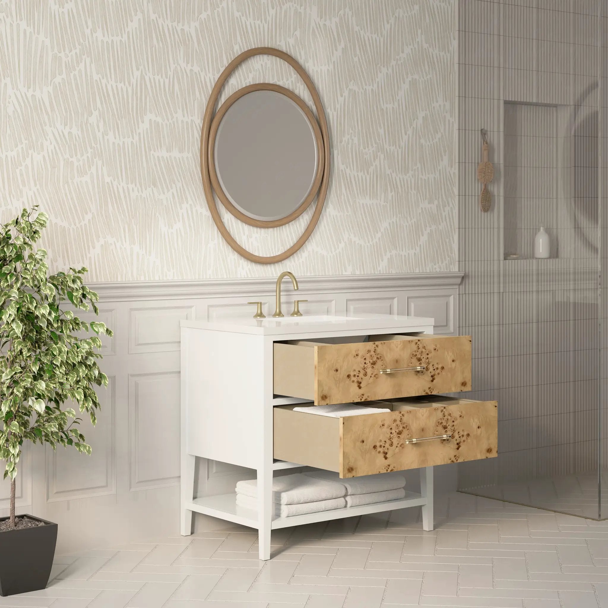 polished white and light mappa burl vanity