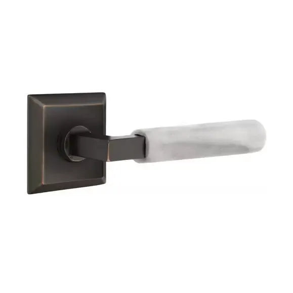 Emtek White Marble Lever with L-Square Stem and Quincy Rose by Emtek