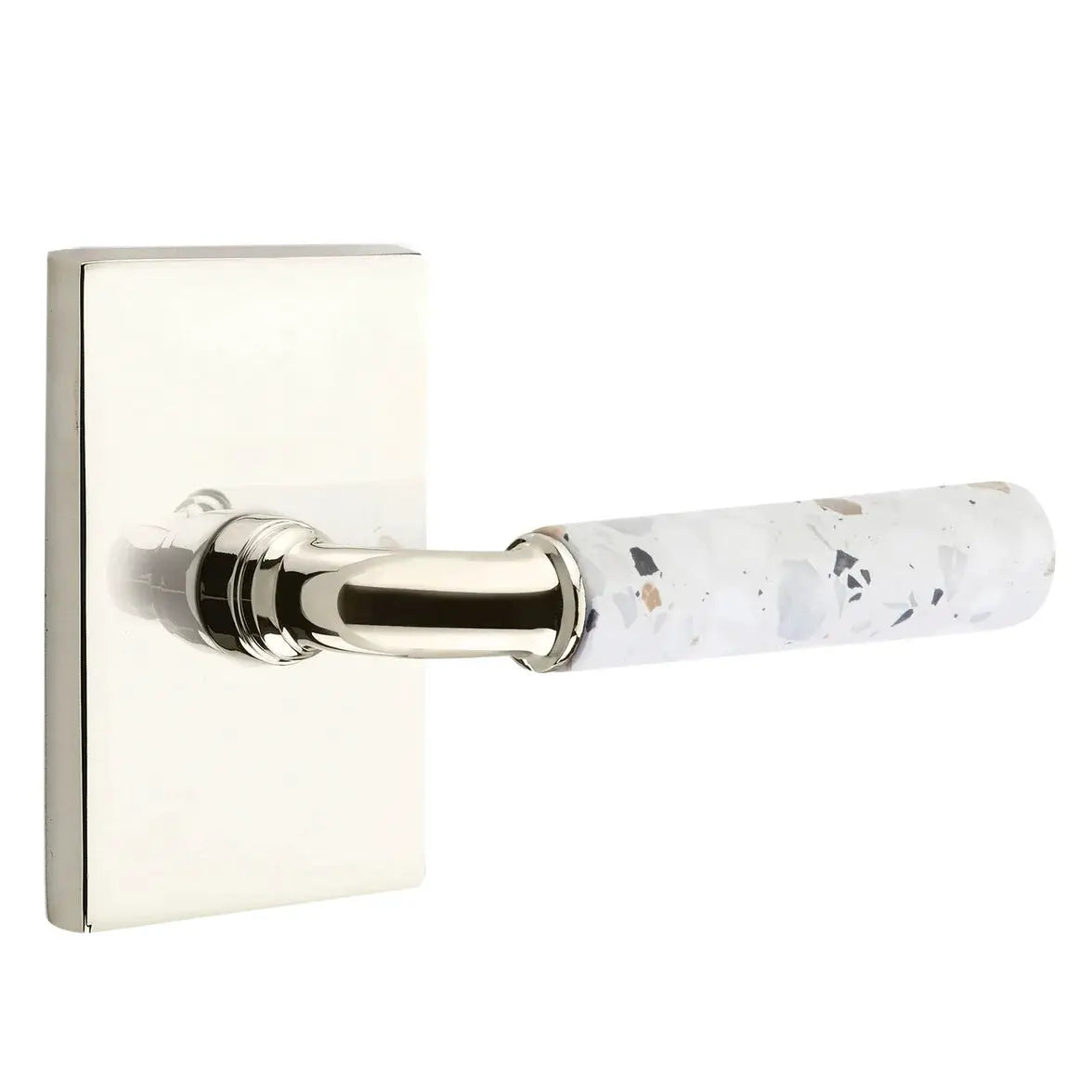 Emtek Light Terrazzo Lever with Modern Rectangular Rosette and R-Bar Stem by Emtek