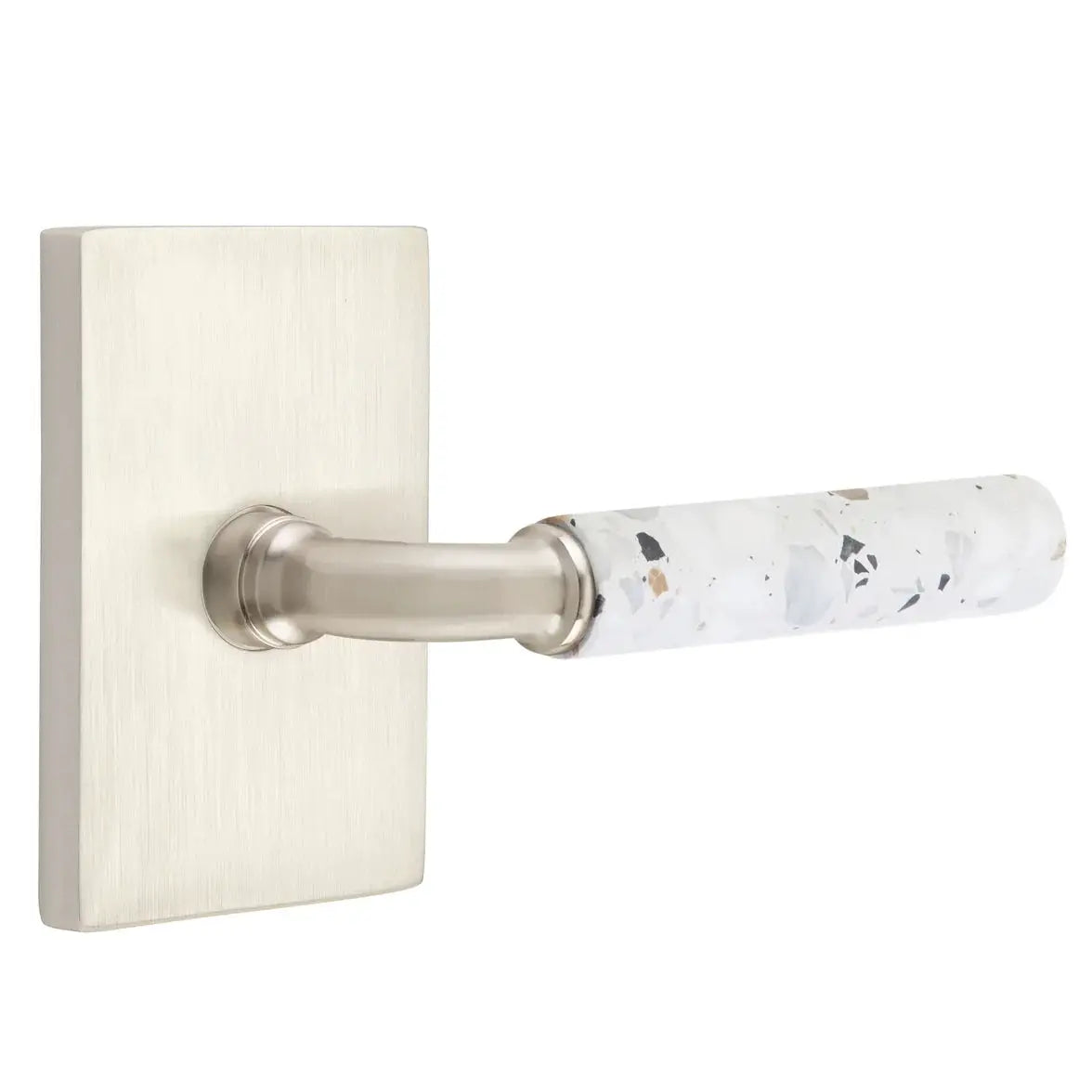 Emtek Light Terrazzo Lever with Modern Rectangular Rosette and R-Bar Stem by Emtek