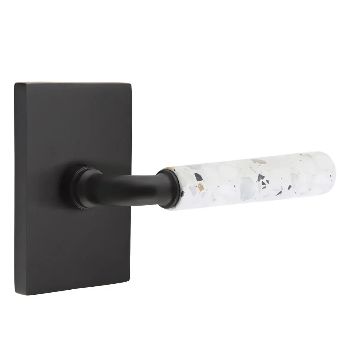 Emtek Light Terrazzo Lever with Modern Rectangular Rosette and R-Bar Stem by Emtek