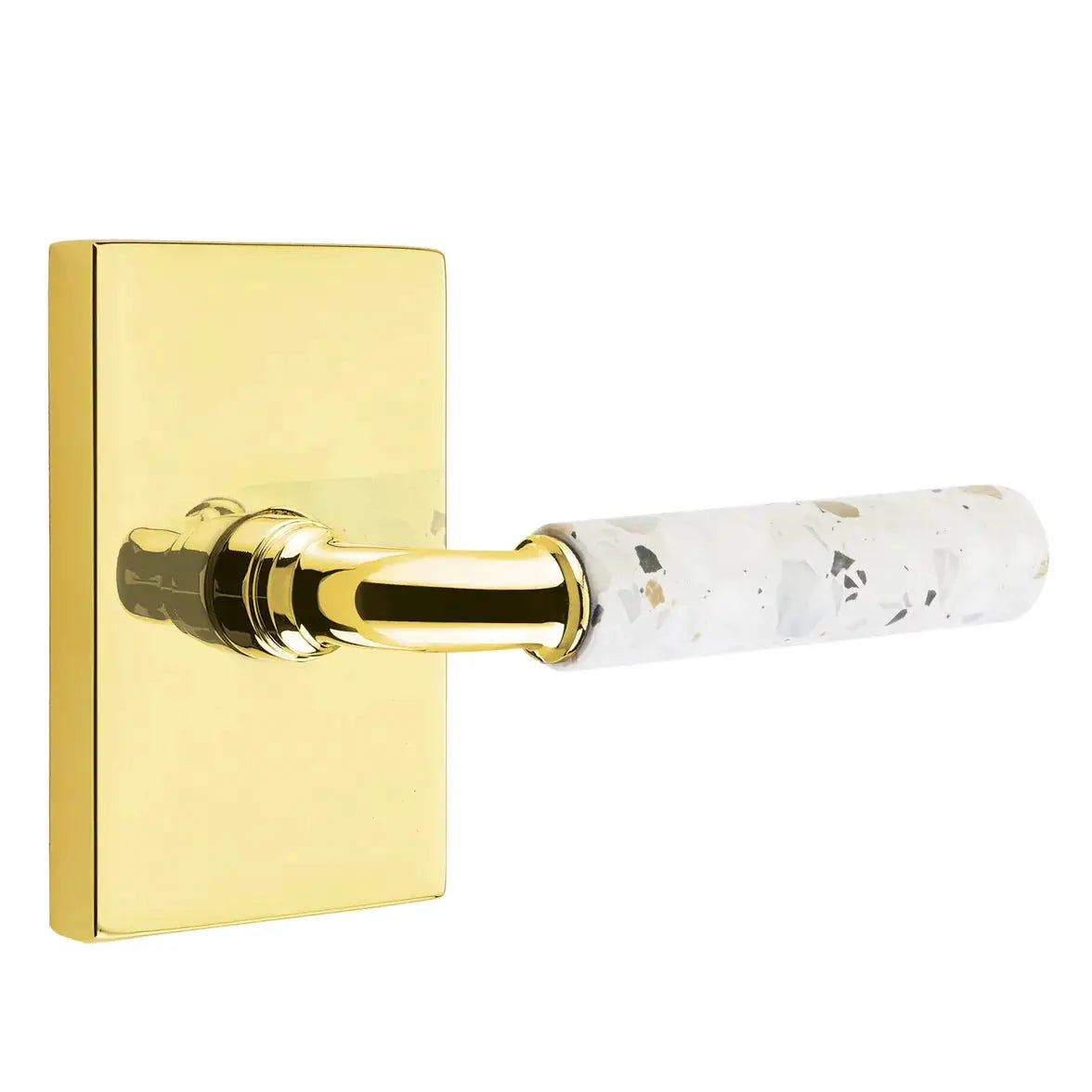 Emtek Light Terrazzo Lever with Modern Rectangular Rosette and R-Bar Stem by Emtek