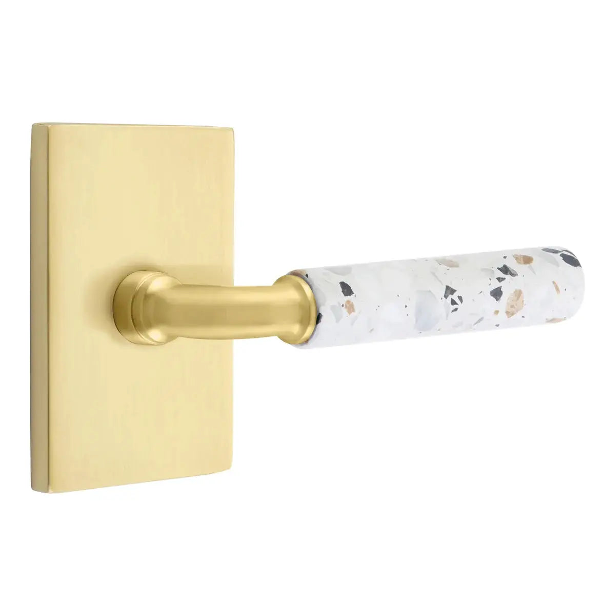 Emtek Light Terrazzo Lever with Modern Rectangular Rosette and R-Bar Stem by Emtek
