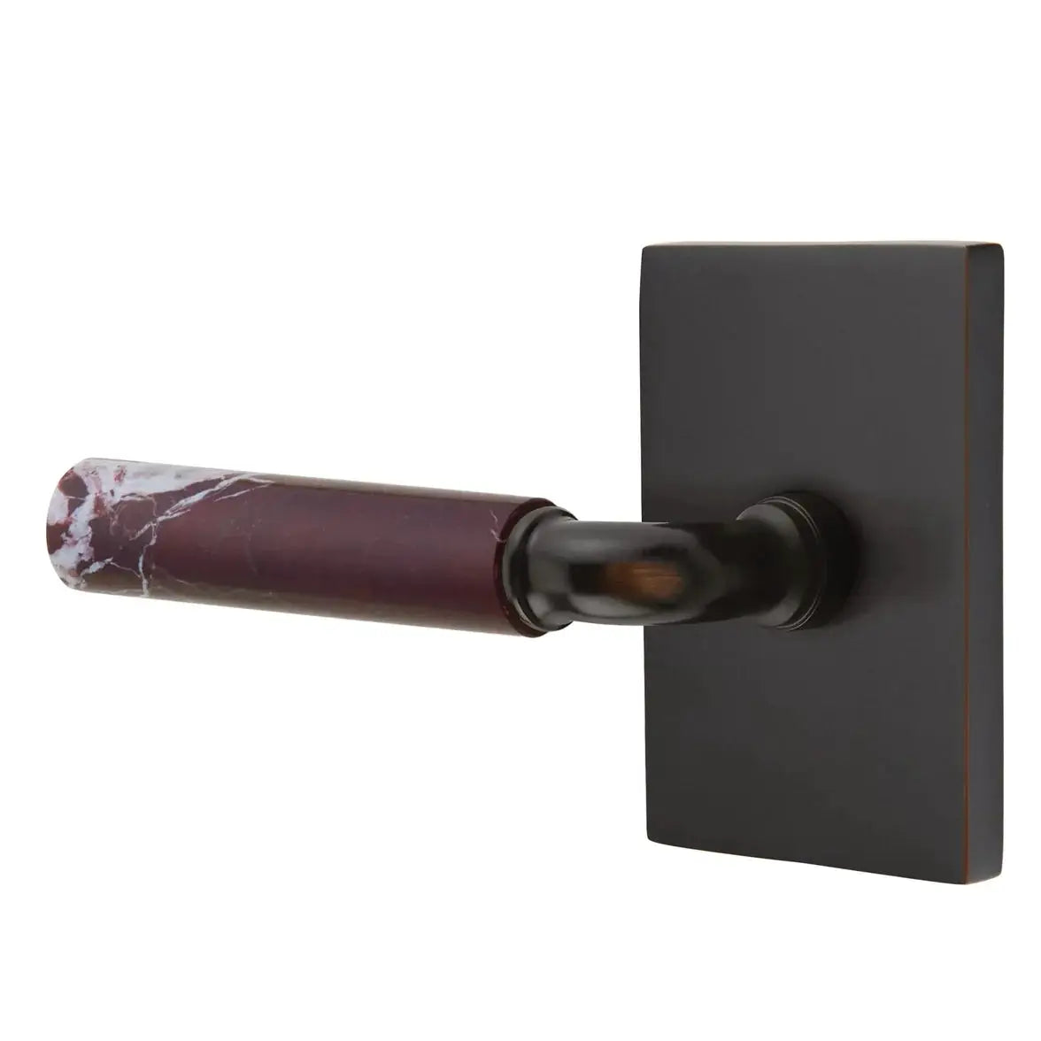 Emtek Rosso Levanto Marble Lever with Modern Rectangular Rosette and R-Bar Stem by Emtek