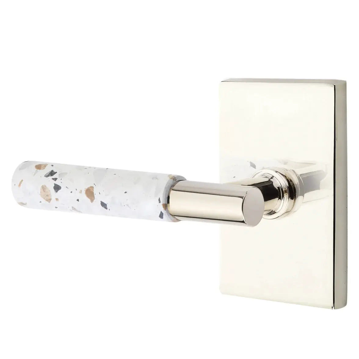 Emtek Light Terrazzo Lever with Modern Rectangular Rosette and T-Bar Stem by Emtek