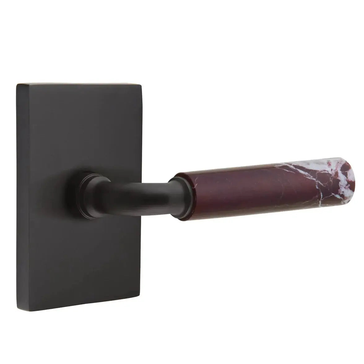 Emtek Rosso Levanto Marble Lever with Modern Rectangular Rosette and R-Bar Stem by Emtek