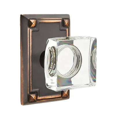 Emtek Modern Square Glass Door Knob with Arts and Crafts Rectangular Rose by Emtek