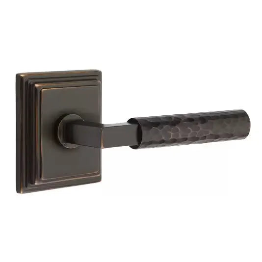 Emtek Hammered Lever with L-Square Stem and Wilshire Rose by Emtek