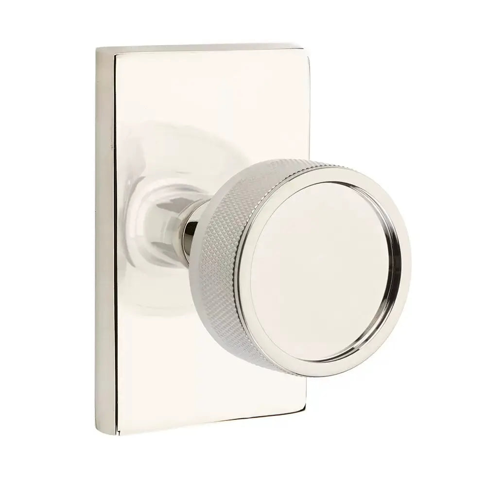Emtek Knurled Knob with Modern Rectangular Rosette and Conical Stem by Emtek