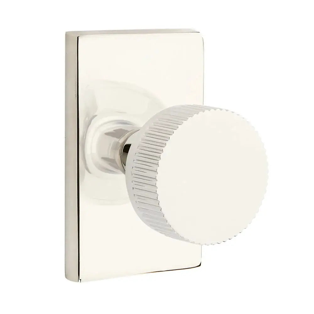 Emtek Straight Knurled Knob with Modern Rectangular Rosette and Conical Stem by Emtek