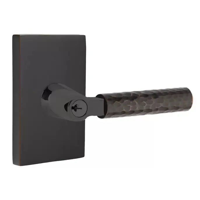 Emtek Hammered Lever with L-Square Stem and Modern Rectangular Rose by Emtek