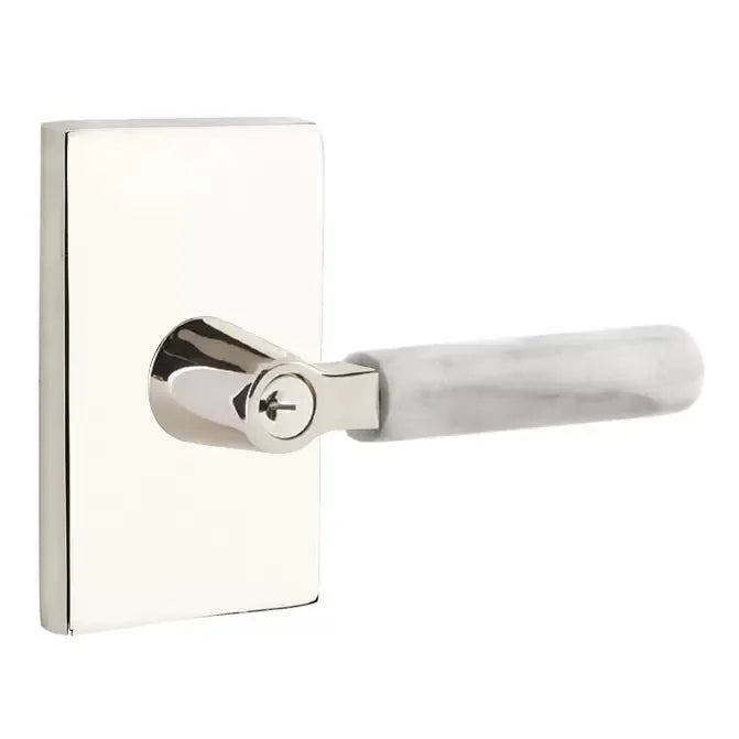 Emtek White Marble Lever with L-Square Stem and Modern Rectangular Rose by Emtek