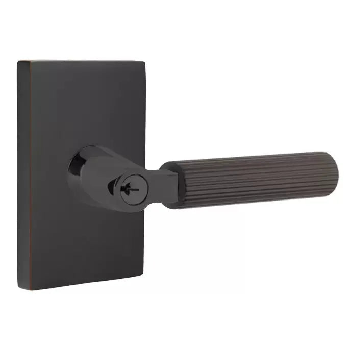 Emtek Straight Knurled Lever with L-Square Stem and Modern Rectangular Rose by Emtek