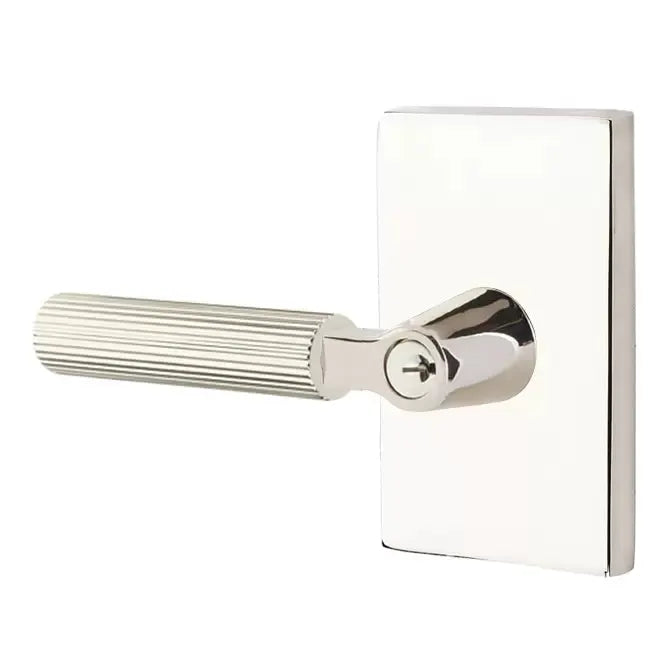 Emtek Straight Knurled Lever with L-Square Stem and Modern Rectangular Rose by Emtek