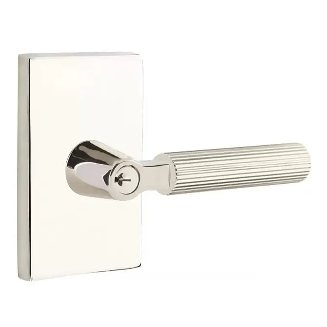 Emtek Straight Knurled Lever with L-Square Stem and Modern Rectangular Rose by Emtek